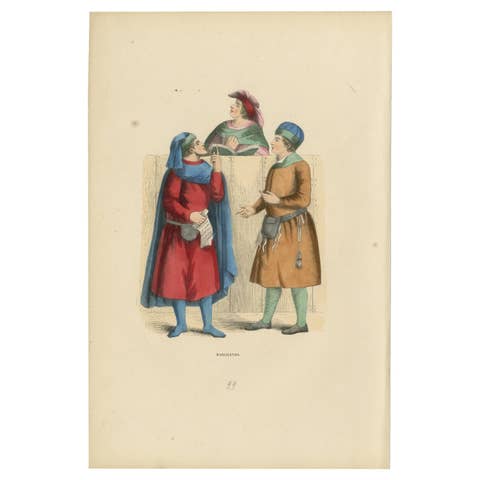 Medieval French Merchants in Discourse, Original Antique Engraving of 1847