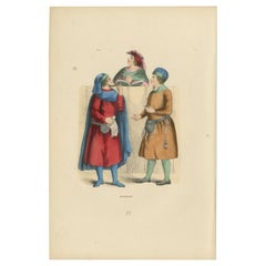 Medieval French Merchants in Discourse, Original Antique Engraving of 1847