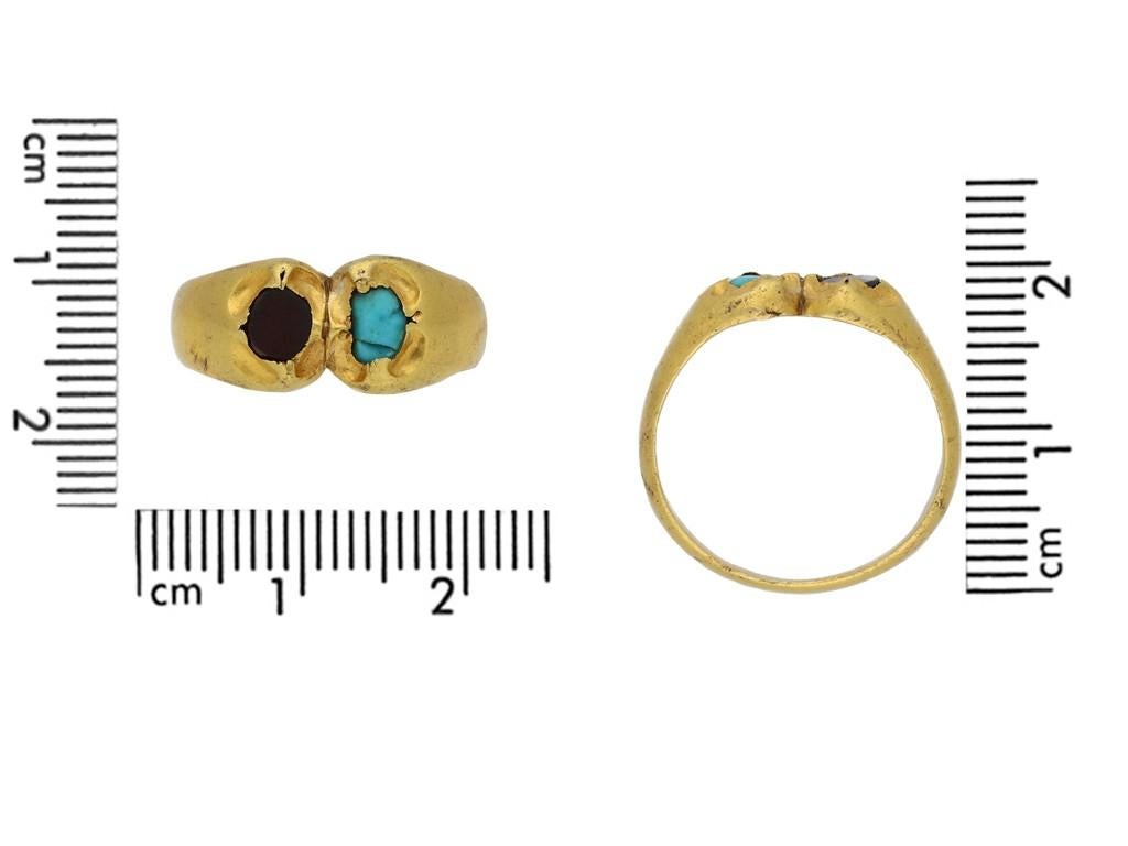 Mittelalterlicher Granat- und Türkisfingerring, ca. 1250-1450 AD für Damen oder Herren im Angebot