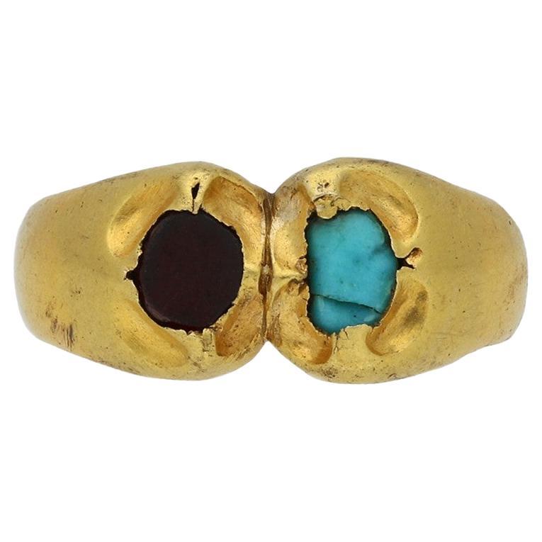 Medieval Garnet and Turquoise Finger Ring, circa 1250-1450 AD For Sale