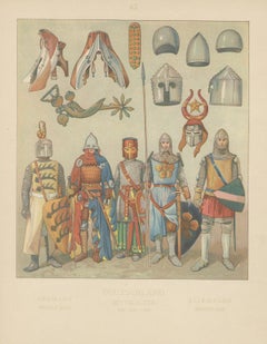 Medieval German Knights and Armor, Antique Hand-Colored Print c.1880