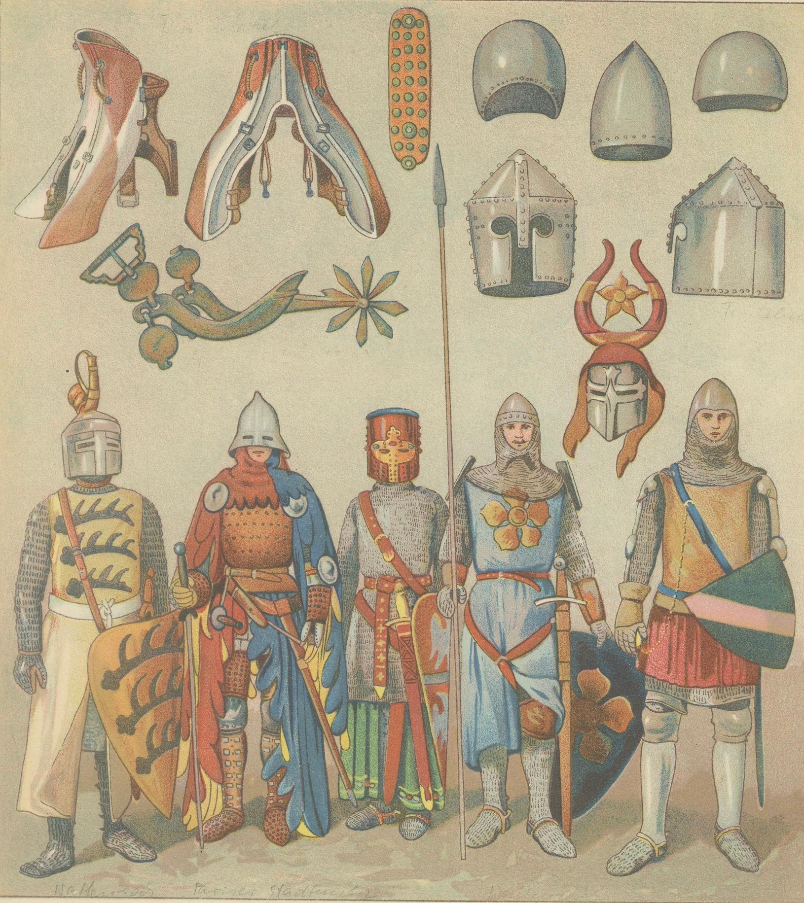 Mittelalterliche deutsche Ritter und Rüstungen, antiker handkolorierter Druck um 1880 (Deutsch) im Angebot