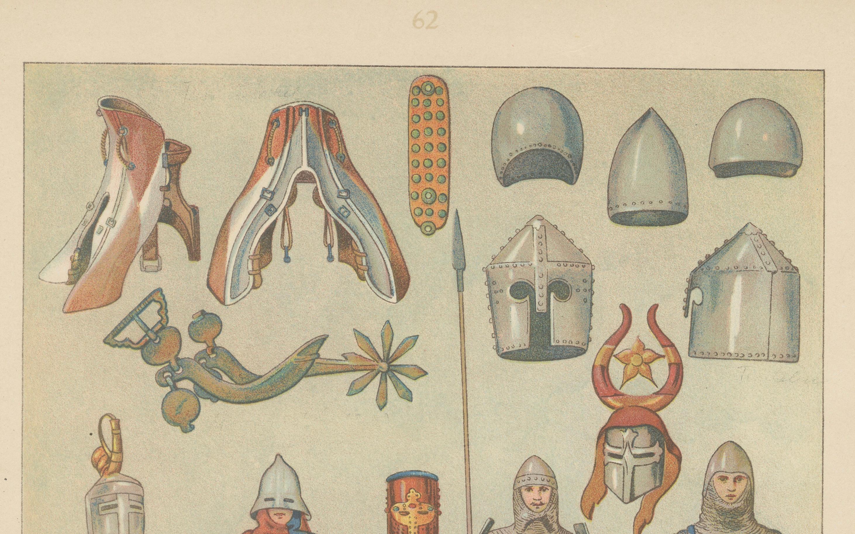 Mittelalterliche deutsche Ritter und Rüstungen, antiker handkolorierter Druck um 1880 im Zustand „Gut“ im Angebot in Langweer, NL