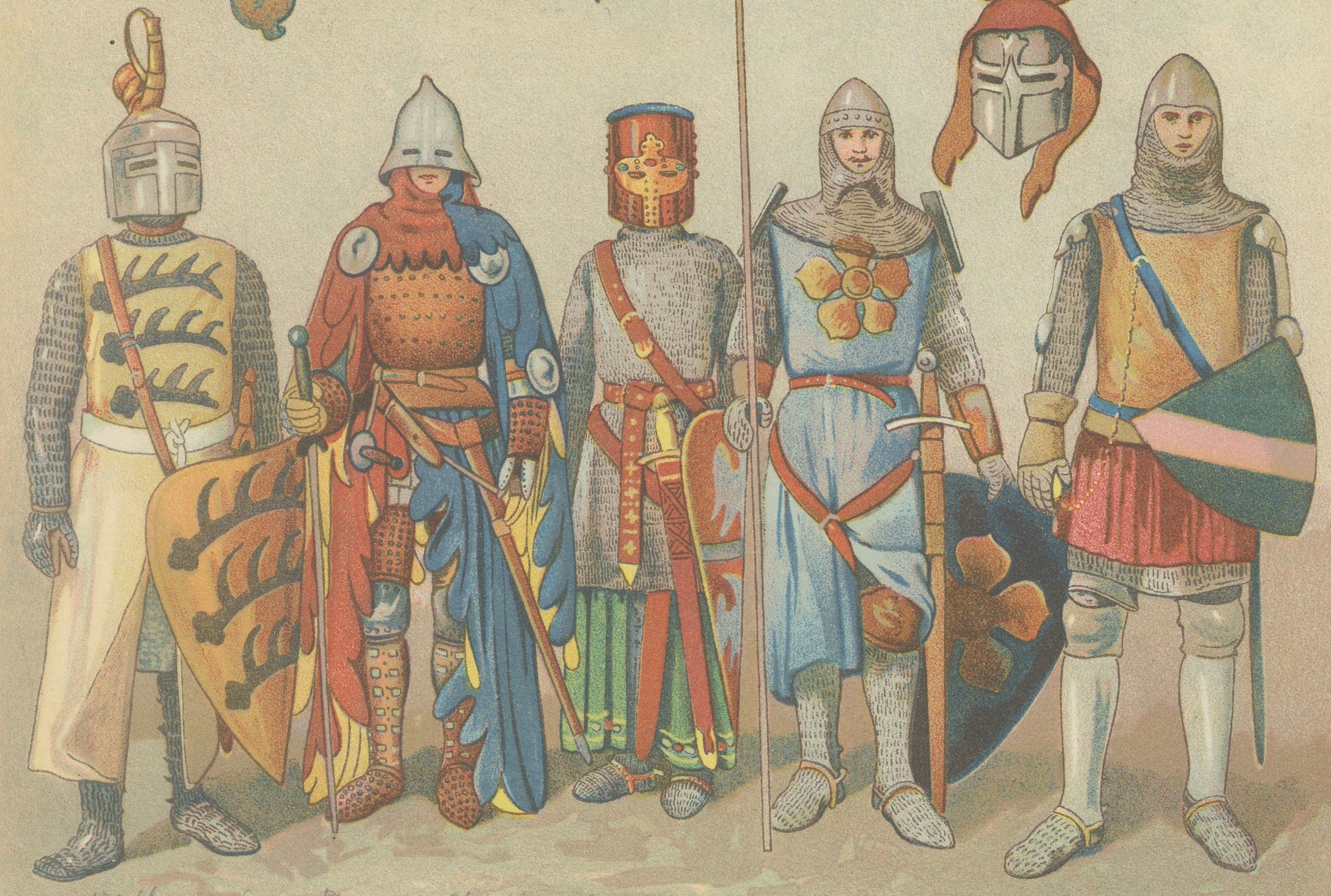 Mittelalterliche deutsche Ritter und Rüstungen, antiker handkolorierter Druck um 1880 (Spätes 19. Jahrhundert) im Angebot