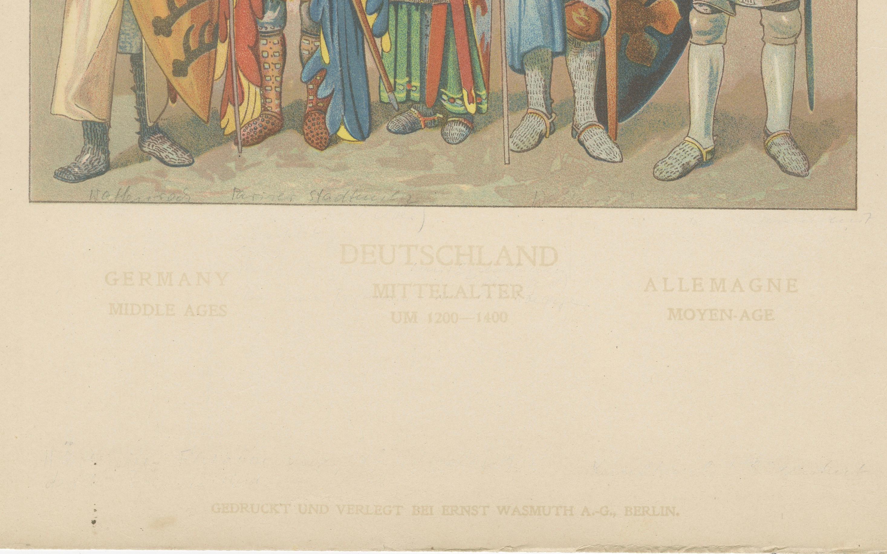 Mittelalterliche deutsche Ritter und Rüstungen, antiker handkolorierter Druck um 1880 (Papier) im Angebot