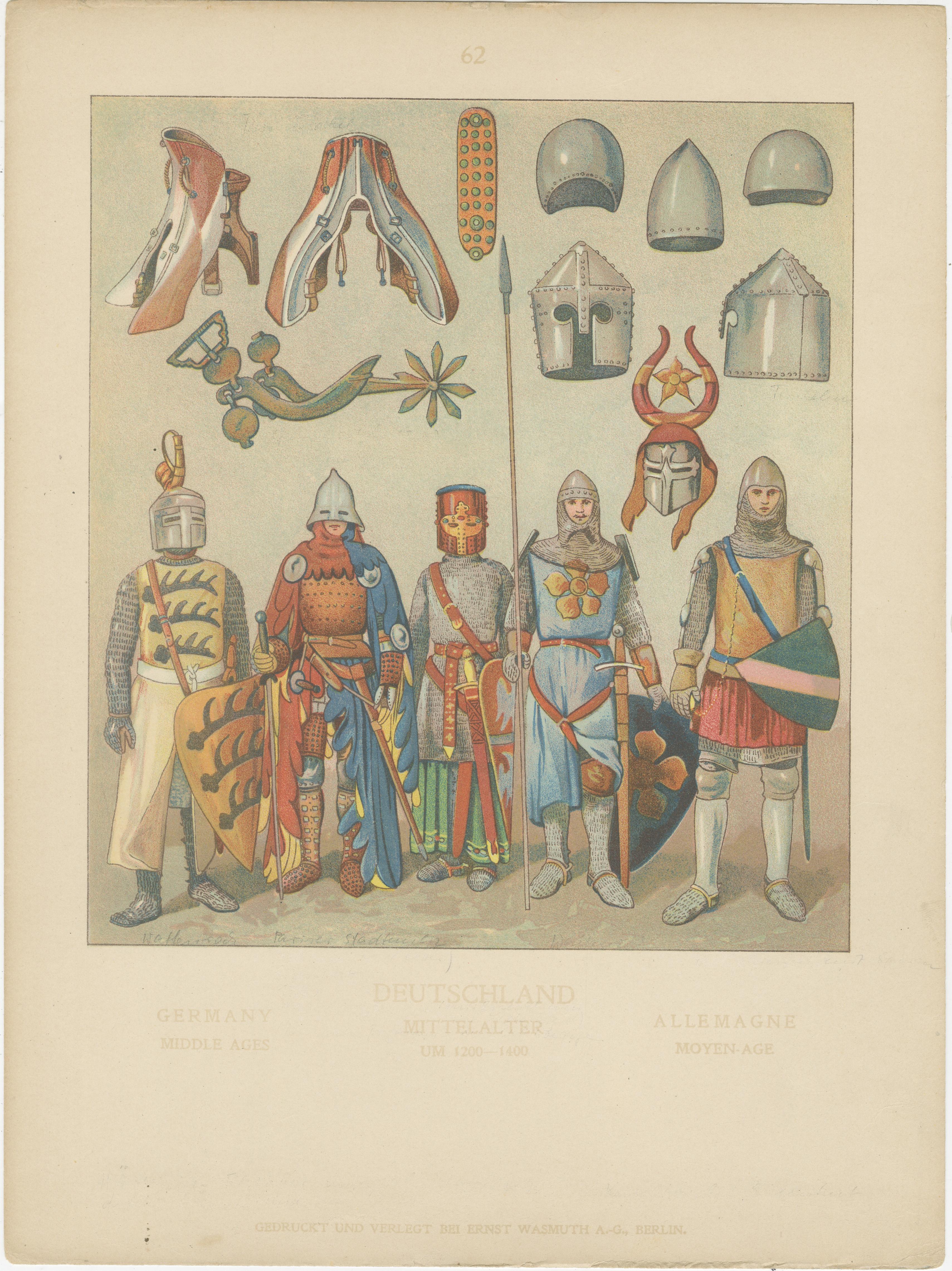 Mittelalterliche deutsche Ritter und Rüstungen, antiker handkolorierter Druck um 1880 im Angebot 1