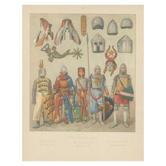 Medieval German Knights and Armor, Antique Hand-Colored Print c.1880