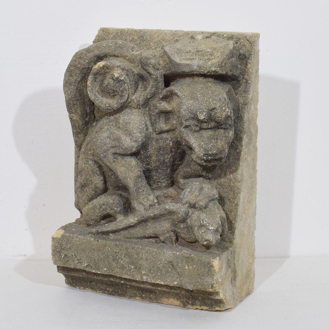 Original pieza de época. Un hallazgo extremadamente raro. Gárgola de piedra tallada Panel que representa una gárgola coronada sobre un pájaro. Gárgola, palabra derivada del término francés del siglo XV gargouille. En las catedrales medievales se