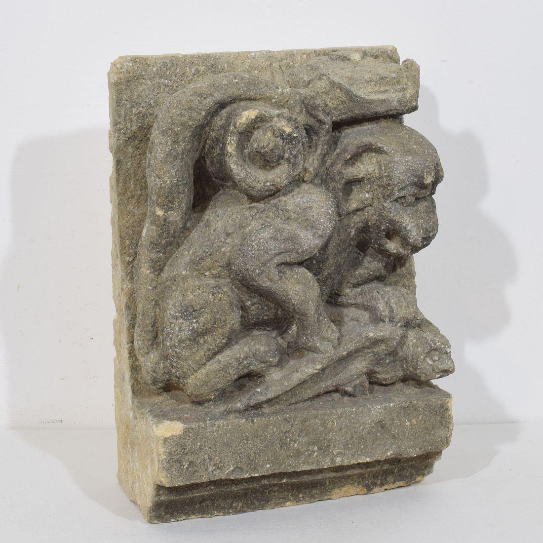 Panel de gárgola medieval gótica francesa tallada en piedra coronada Gótico en venta