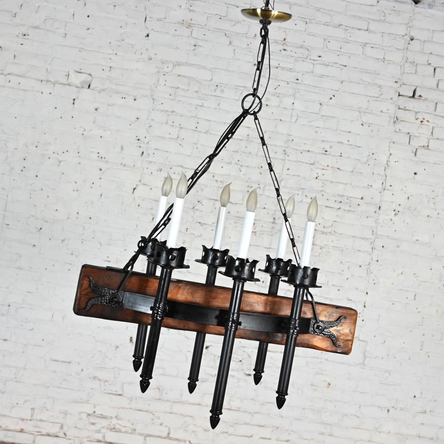 Medieval Gothic Spanish Revival Iron & Wood Beam Hanging Light Fixture Mexico For Sale 6