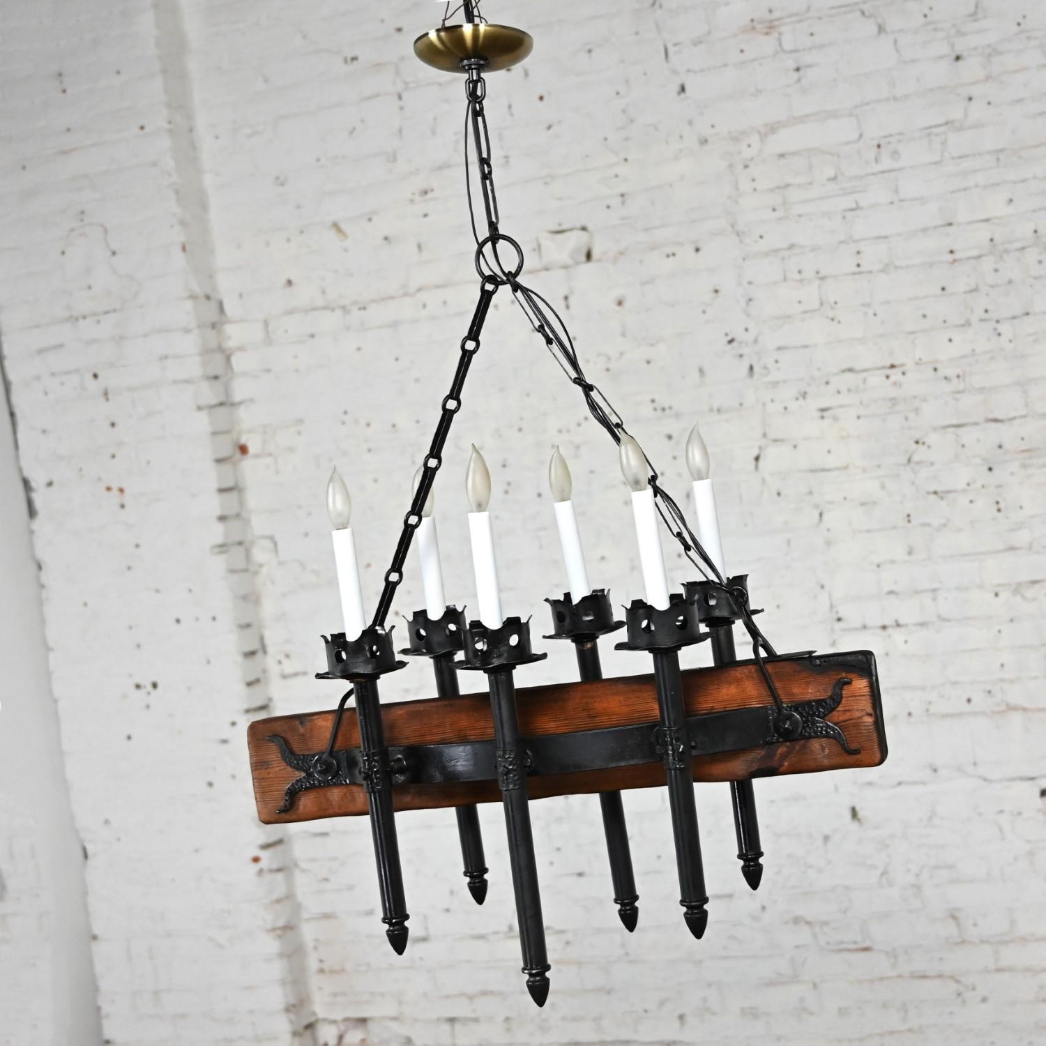 Medieval Gothic Spanish Revival Iron & Wood Beam Hanging Light Fixture Mexico For Sale 12