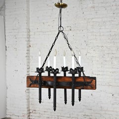 Medieval Gothic Spanish Revival Iron & Wood Beam Hanging Light Fixture Mexico