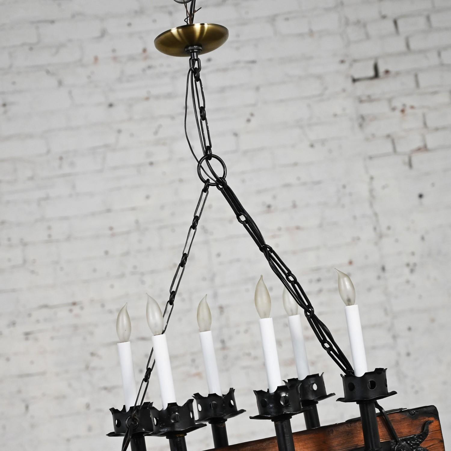 Gothic Revival Medieval Gothic Spanish Revival Iron & Wood Beam Hanging Light Fixture Mexico For Sale