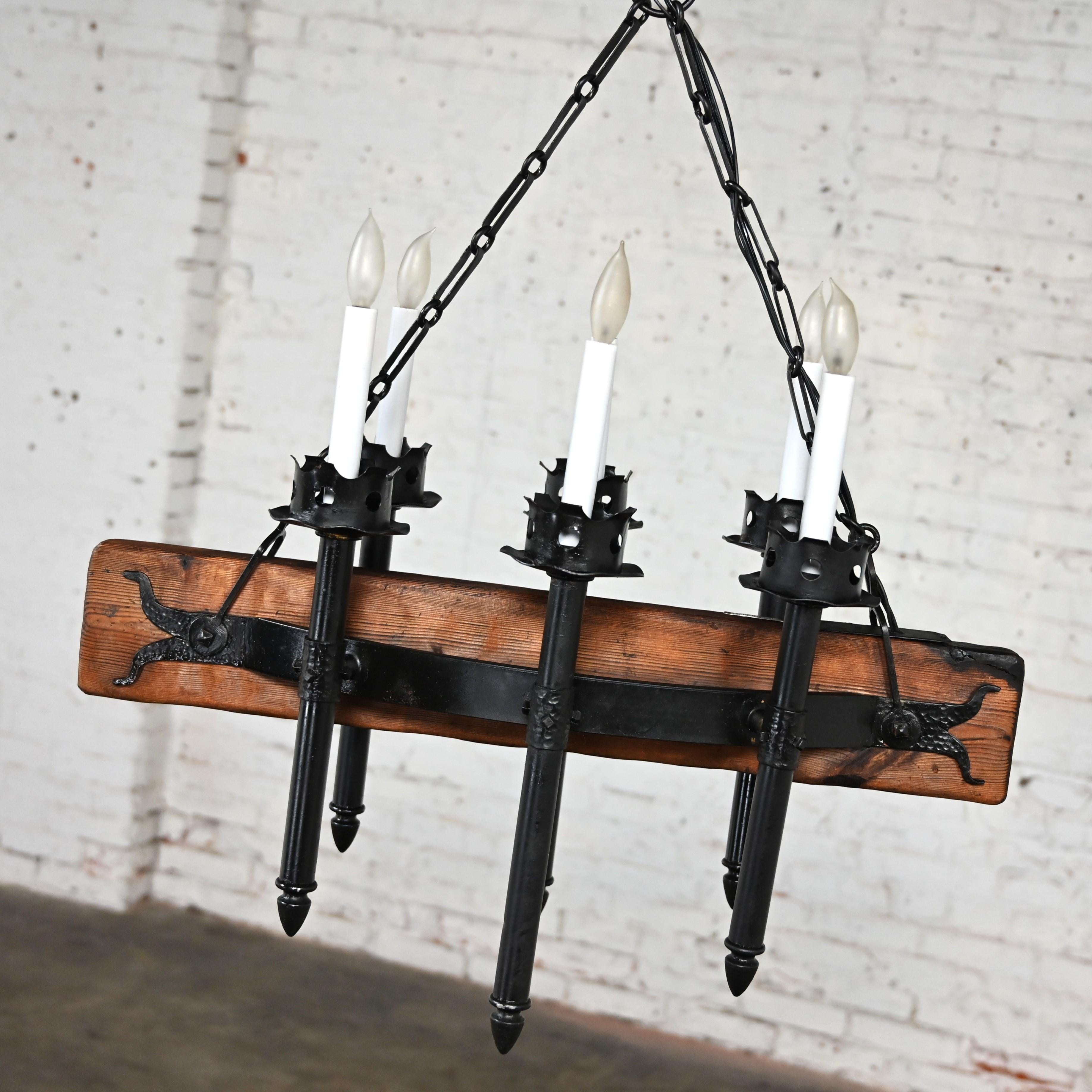 Medieval Gothic Spanish Revival Iron & Wood Beam Hanging Light Fixture Mexico In Good Condition For Sale In Topeka, KS