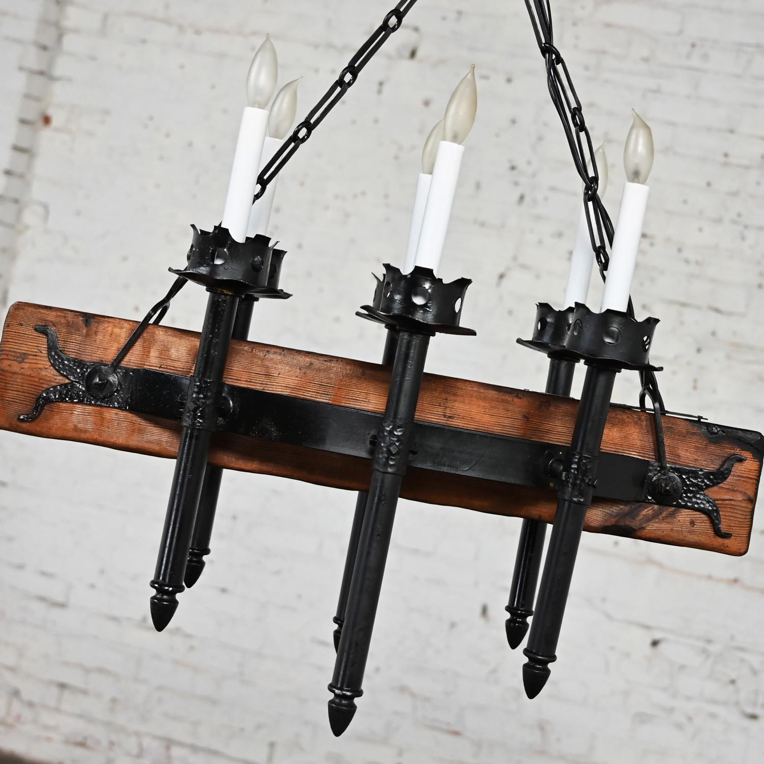 Brass Medieval Gothic Spanish Revival Iron & Wood Beam Hanging Light Fixture Mexico For Sale