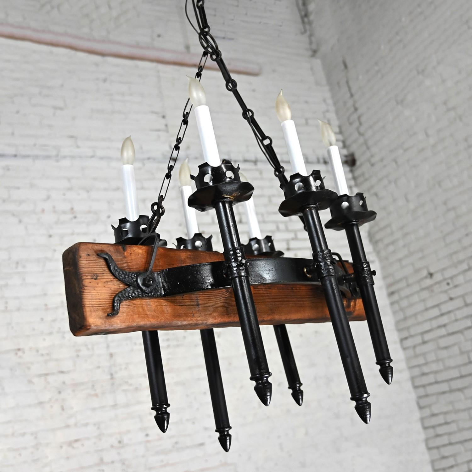 Medieval Gothic Spanish Revival Iron & Wood Beam Hanging Light Fixture Mexico For Sale 2