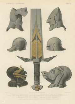 Medieval Helmets and a German Sword, Antique Print, 1851