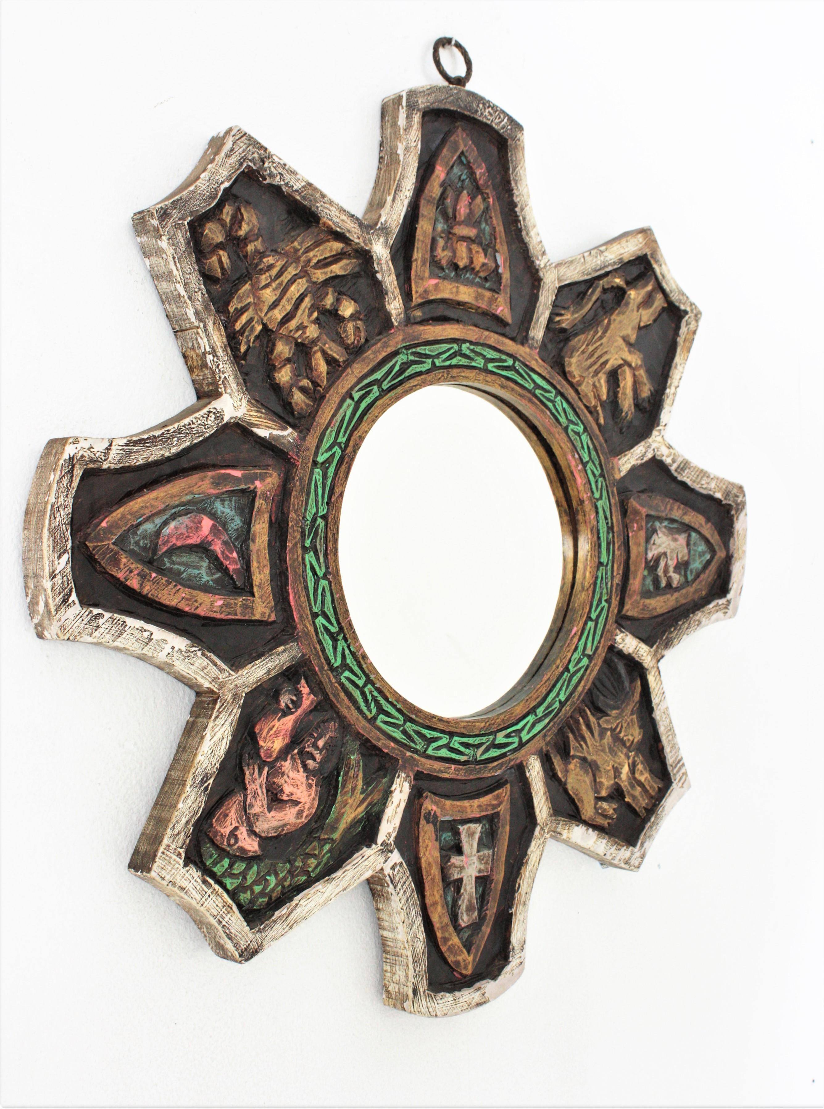 Spanish Medieval Inspired Sunburst Mirror in Polychrome Carved Wood For Sale