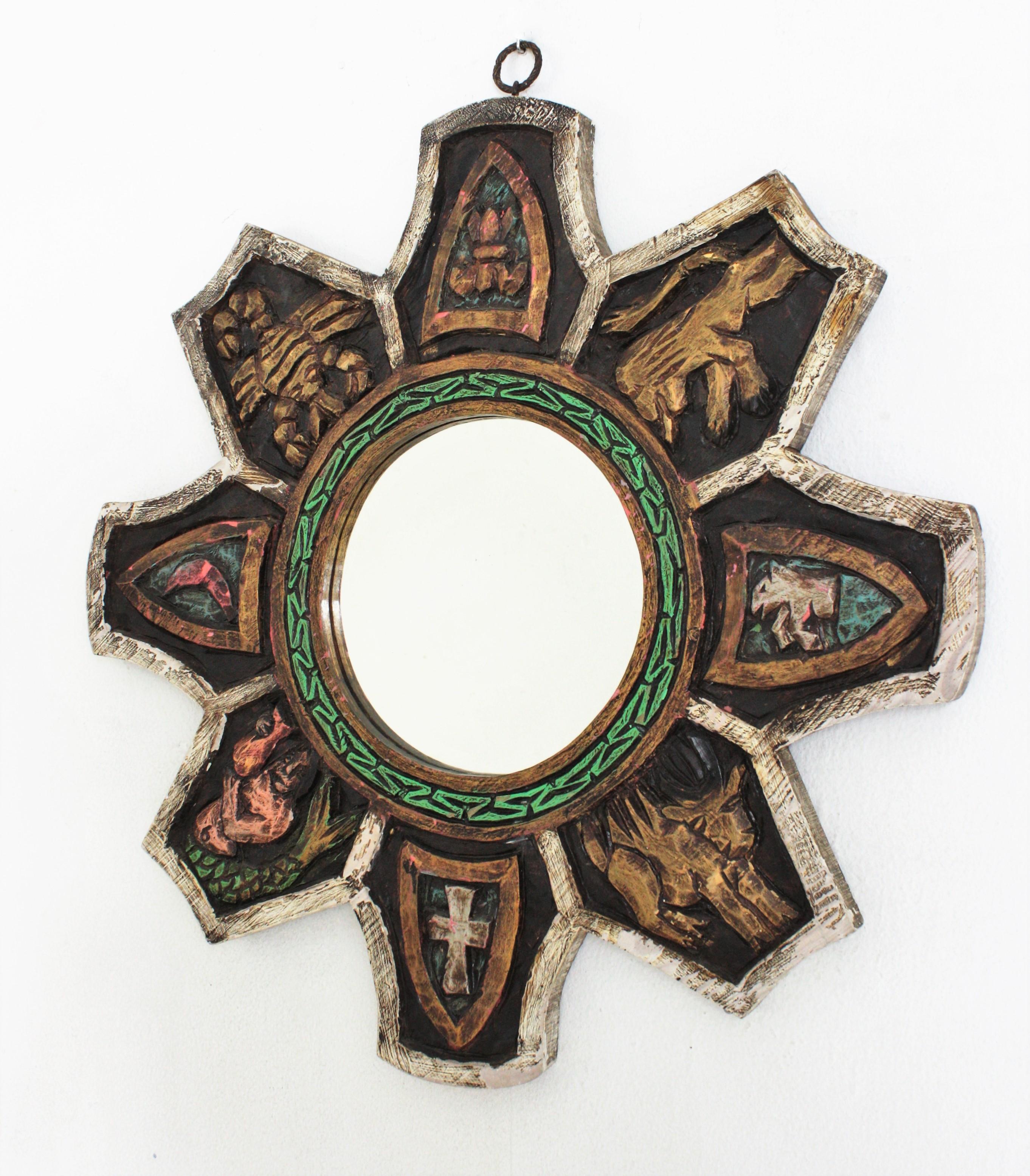Medieval Inspired Sunburst Mirror in Polychrome Carved Wood For Sale 2
