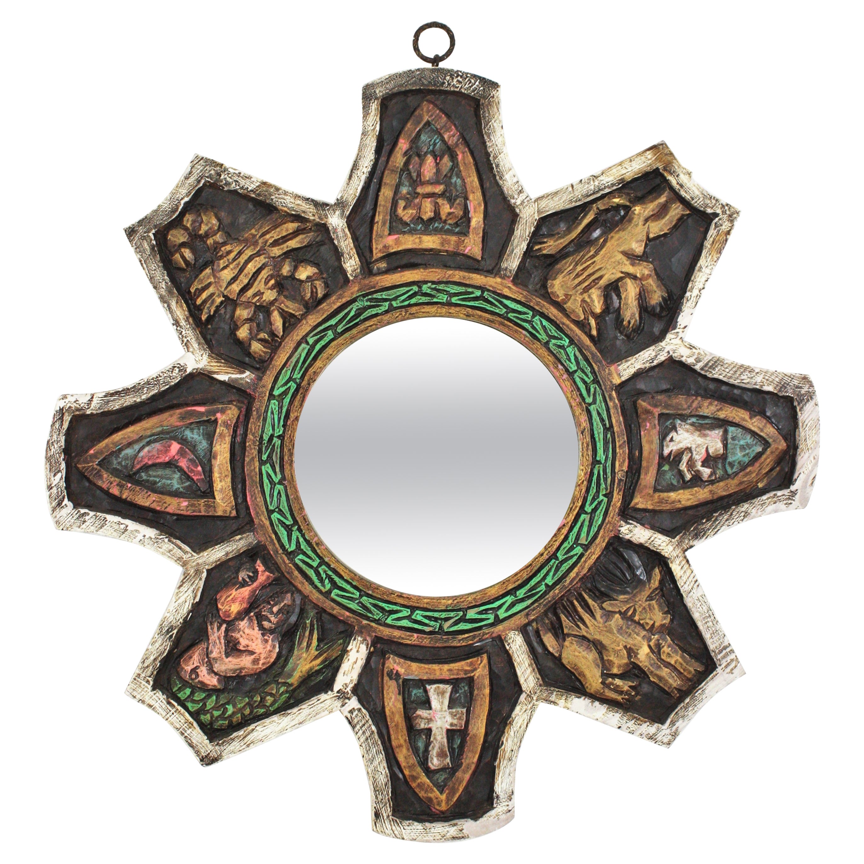 Miroir d'inspiration médiévale Sunburst en bois sculpté polychrome en vente
