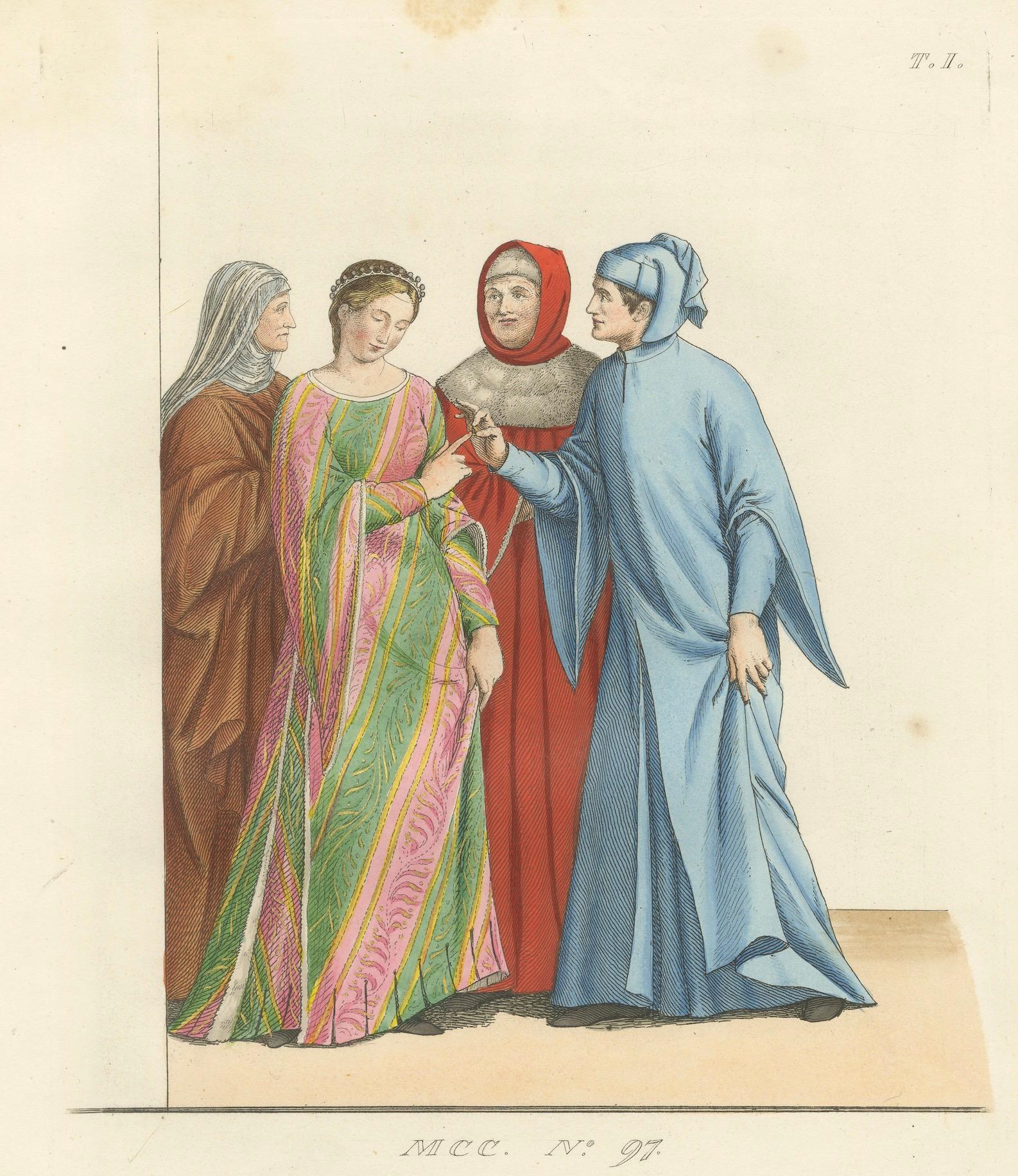 Titel: Italienische Hofszene mit Adligen in prachtvoller Kleidung des 14. Jahrhunderts, 1845

Dieser wunderschöne handkolorierte Stich aus der 1845 erschienenen Publikation Costumes Historiques des XIIIe, XIVe et XVe Siècles fängt einen