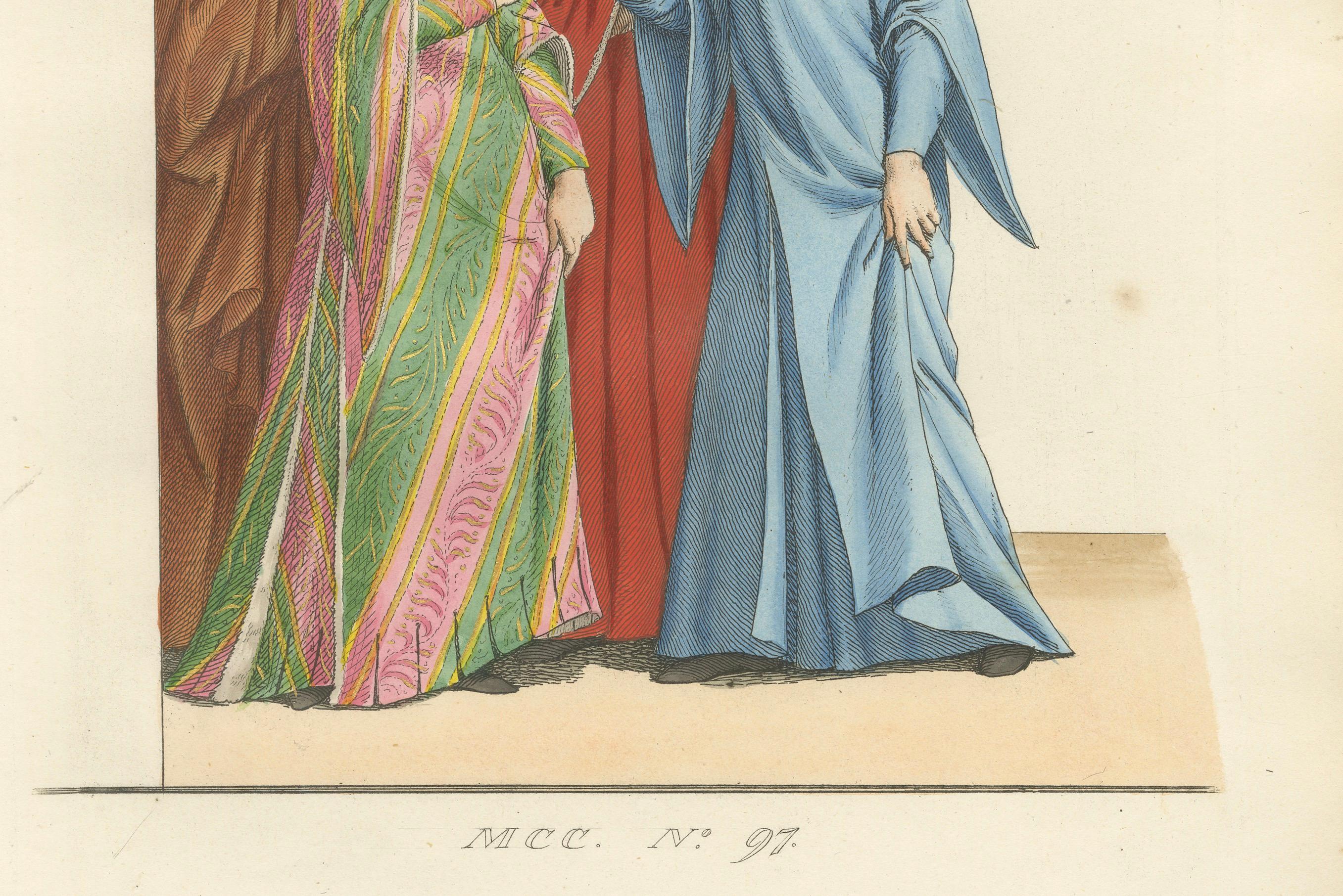 Mittelalterliche italienische Hofhaltung um 1300 - Adlige in historischer Kleidung, Druck 1845 (Französisch) im Angebot