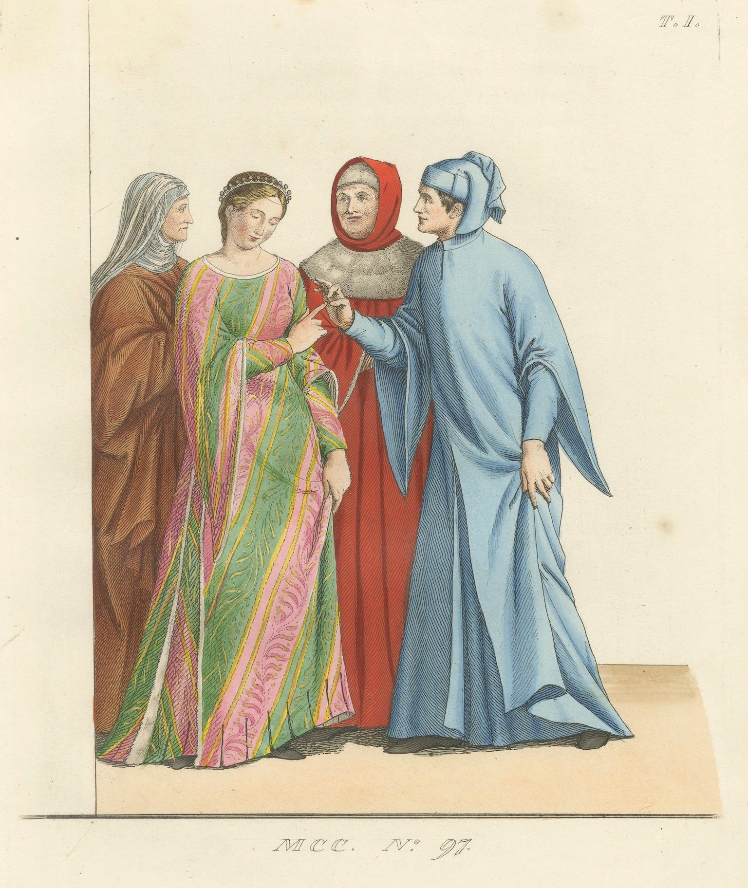 Mittelalterliche italienische Hofhaltung um 1300 - Adlige in historischer Kleidung, Druck 1845 im Zustand „Gut“ im Angebot in Langweer, NL