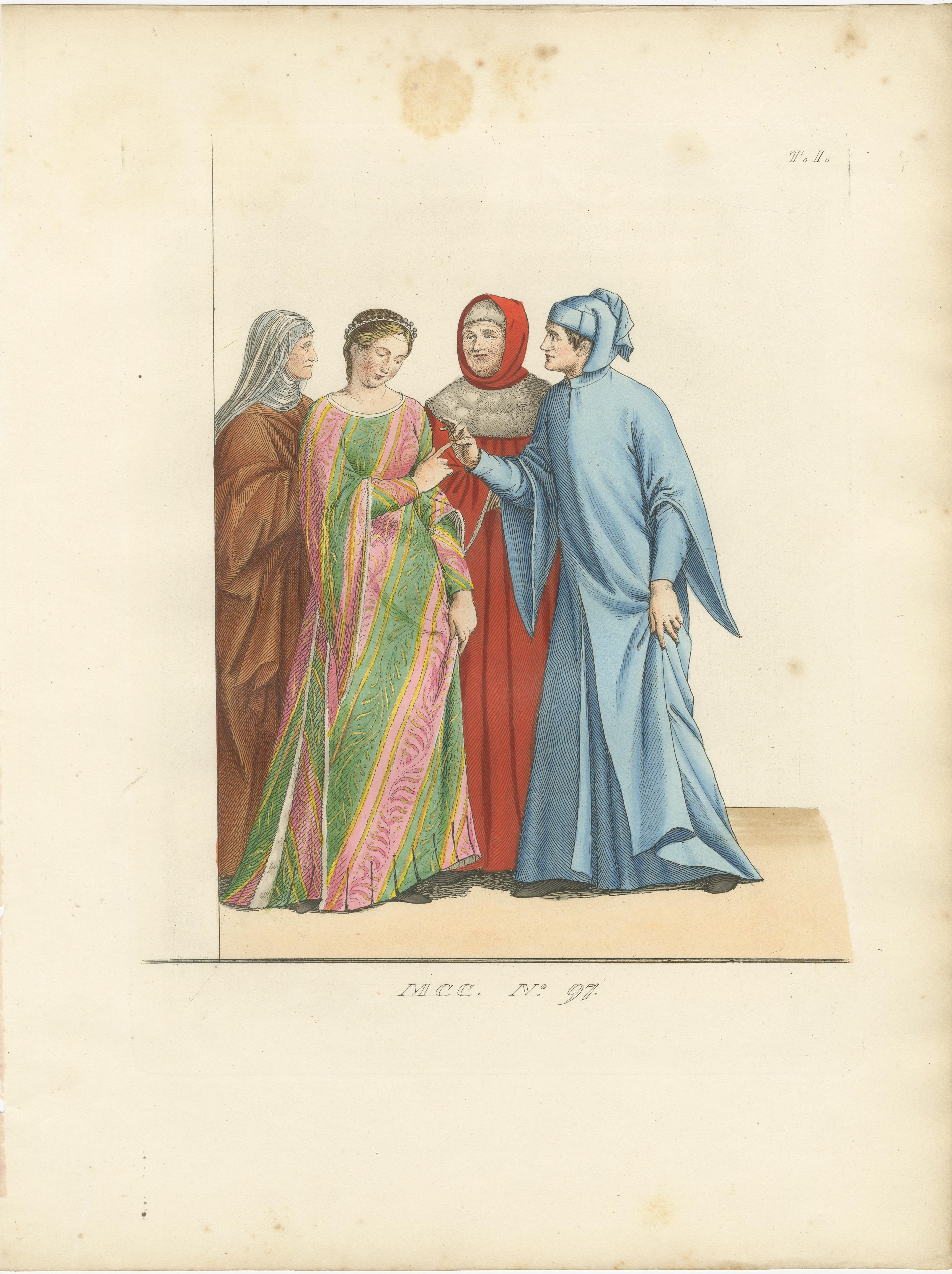 Mittelalterliche italienische Hofhaltung um 1300 - Adlige in historischer Kleidung, Druck 1845 (19. Jahrhundert) im Angebot