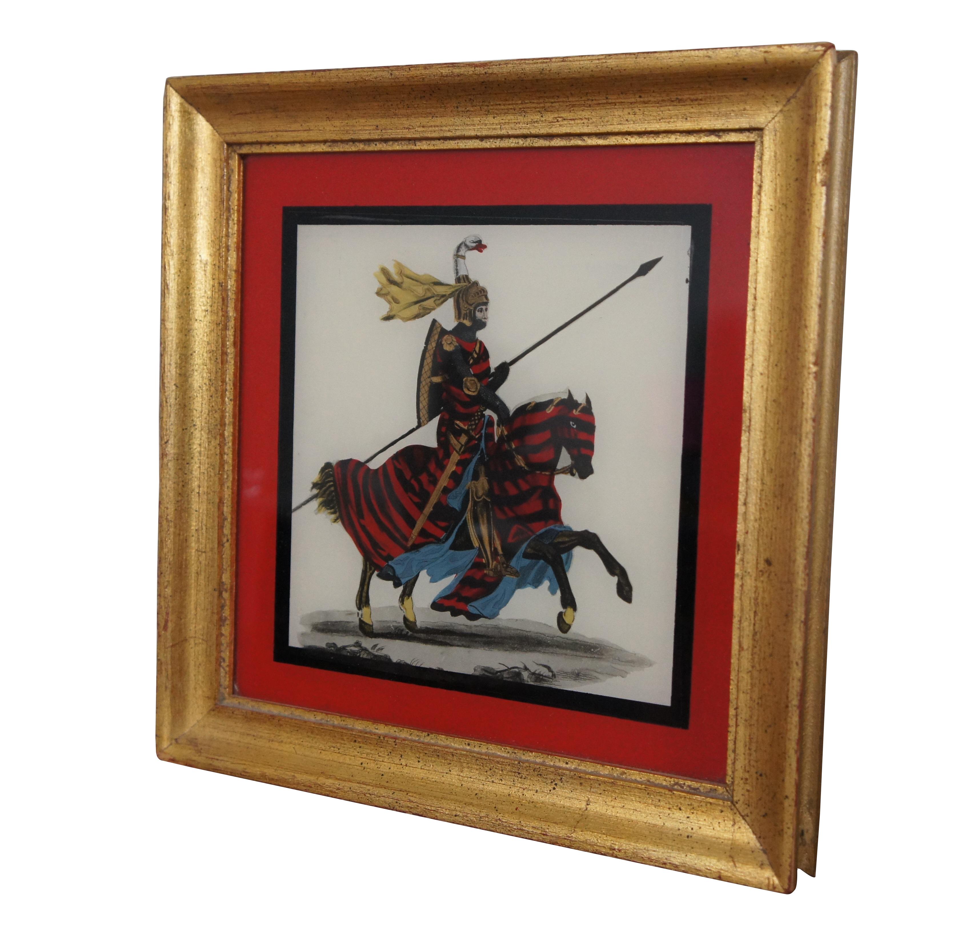 Vintage Medieval Knight reverse painting on glass, featuring a jousting horseback Alymer de Valence, second Earl of Pembroke 1275-1324, Franco Welsh nobleman.  s59-470 

Dimensions:
9.5