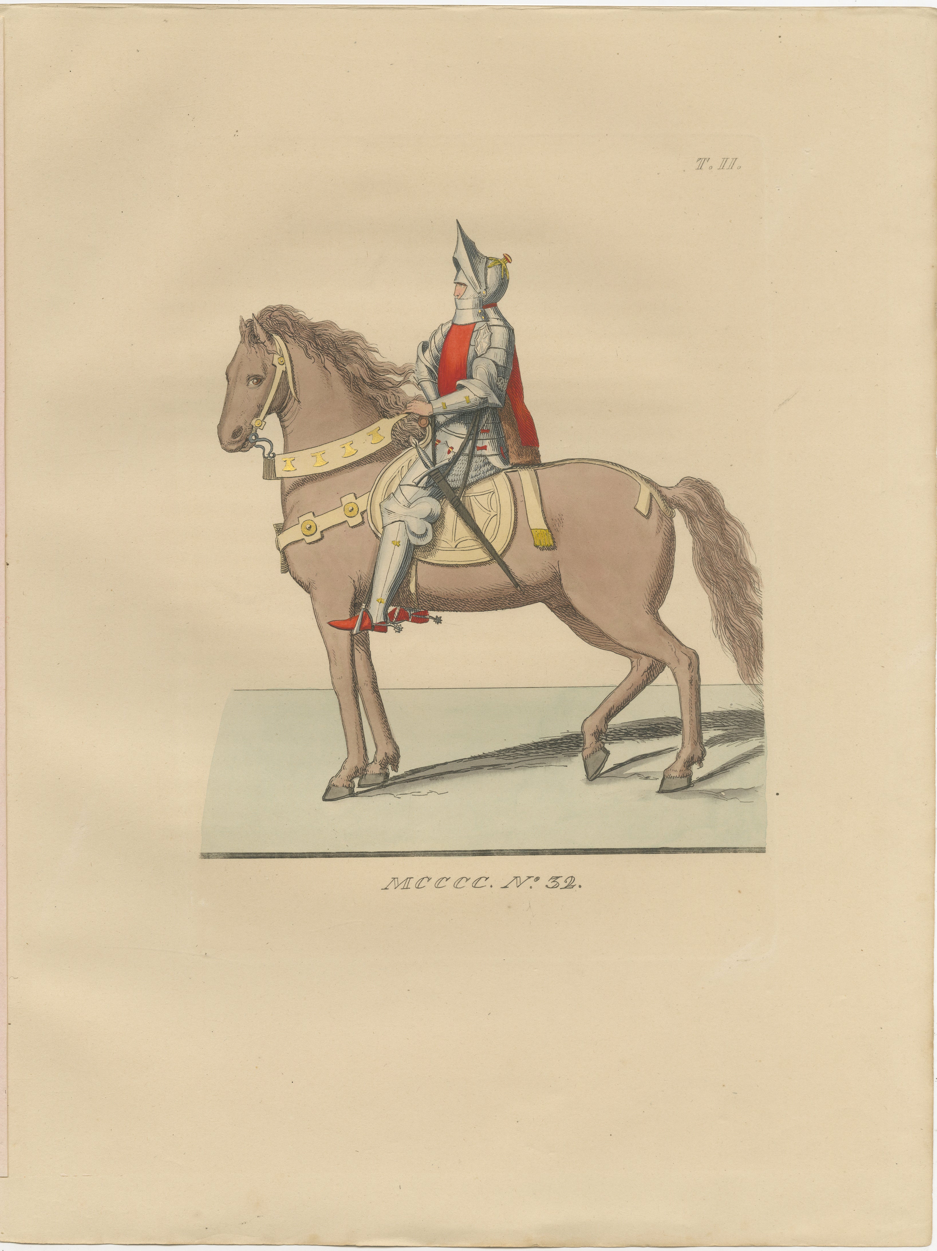 Medieval Knight on Horseback, Elegant Hand-Colored Antique Print, France 1845