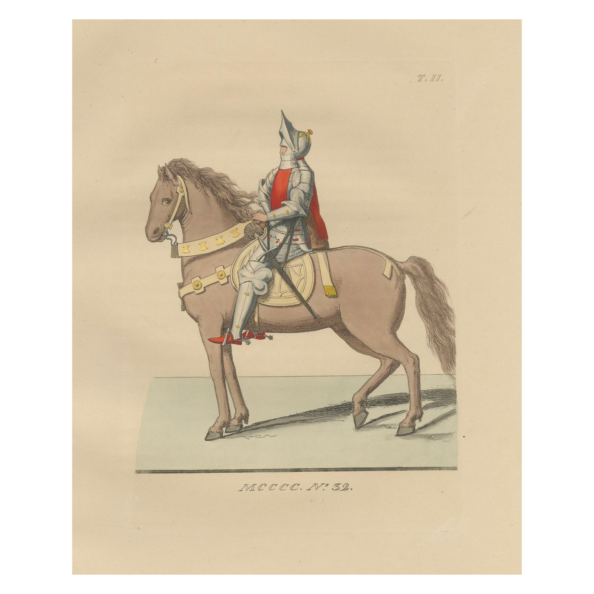 Medieval Knight on Horseback, Elegant Hand-Colored Antique Print, France 1845