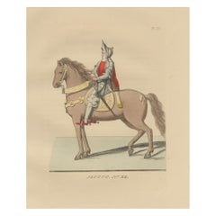 Medieval Knight on Horseback, Elegant Hand-Colored Antique Print, France 1845