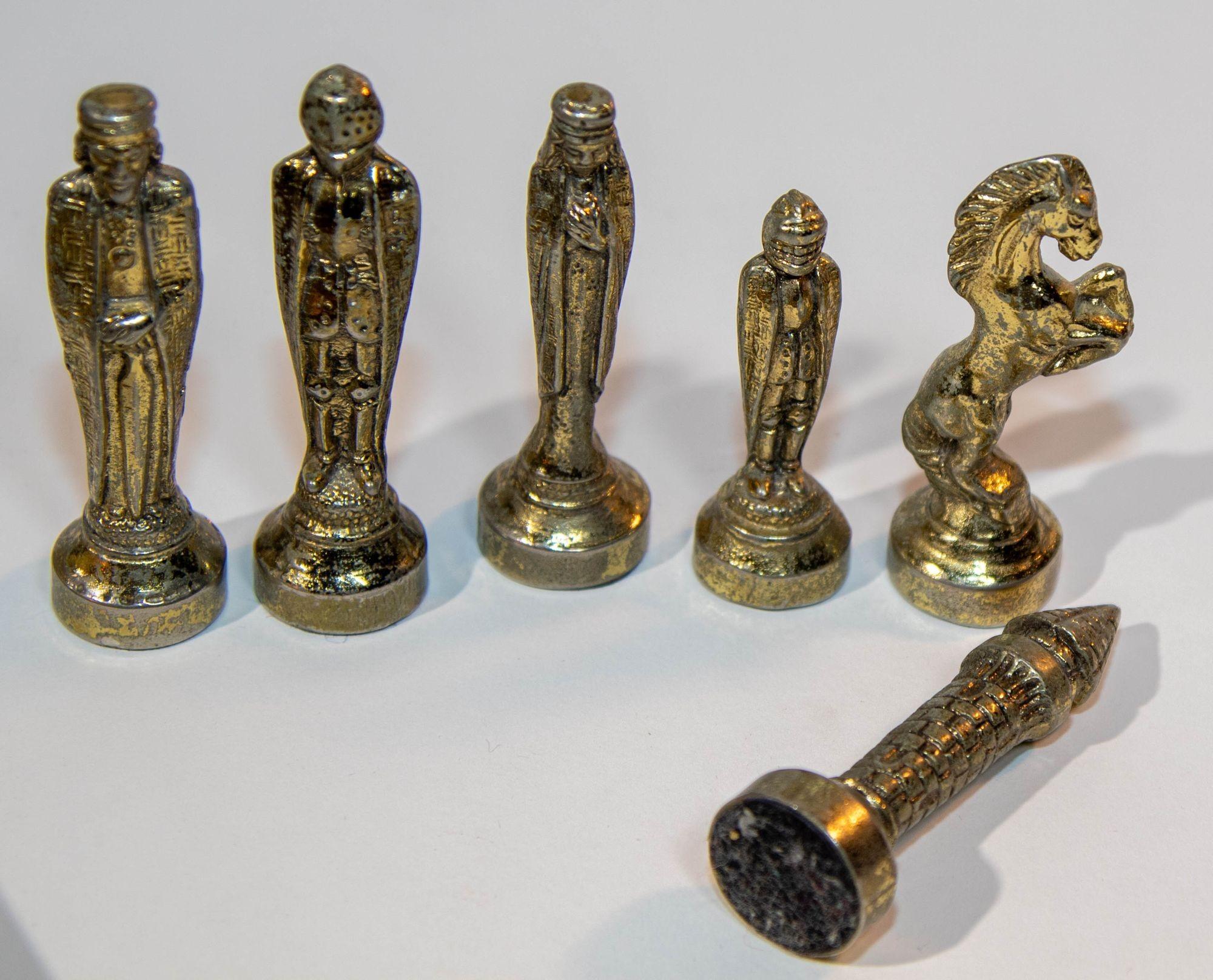 Brass Medieval Knights Chess Set Metal Gold & Silver Pewter Crusaders Game Italy For Sale