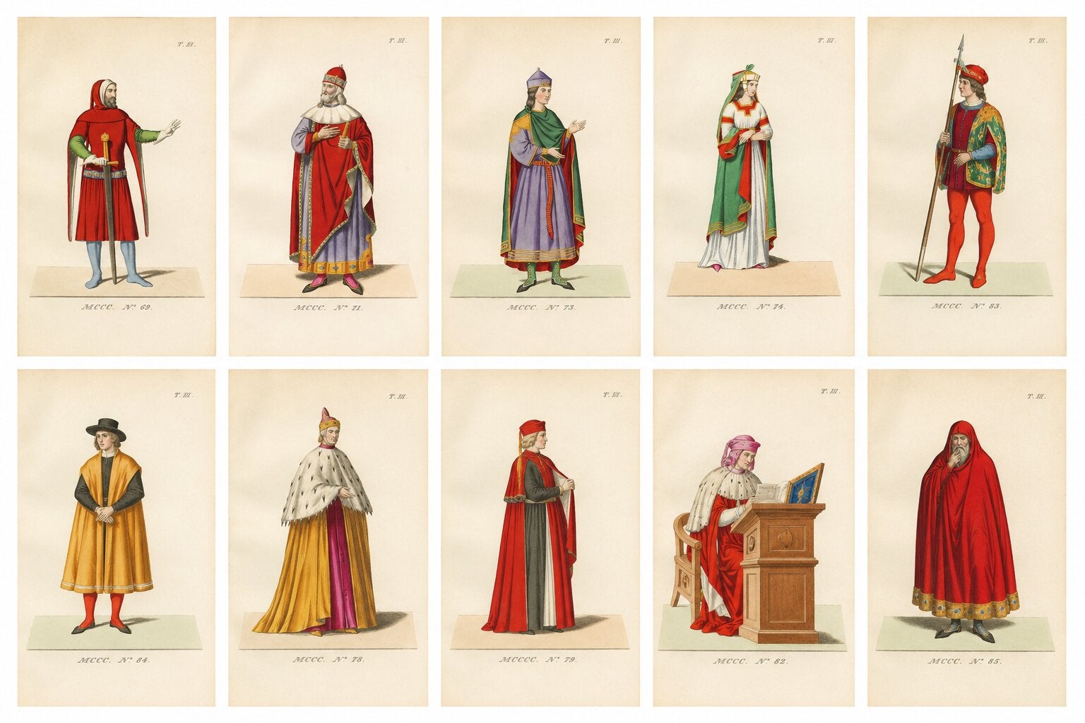 Medieval Knights, Clergy & Nobles, Set of 10 Costume Prints, 1845