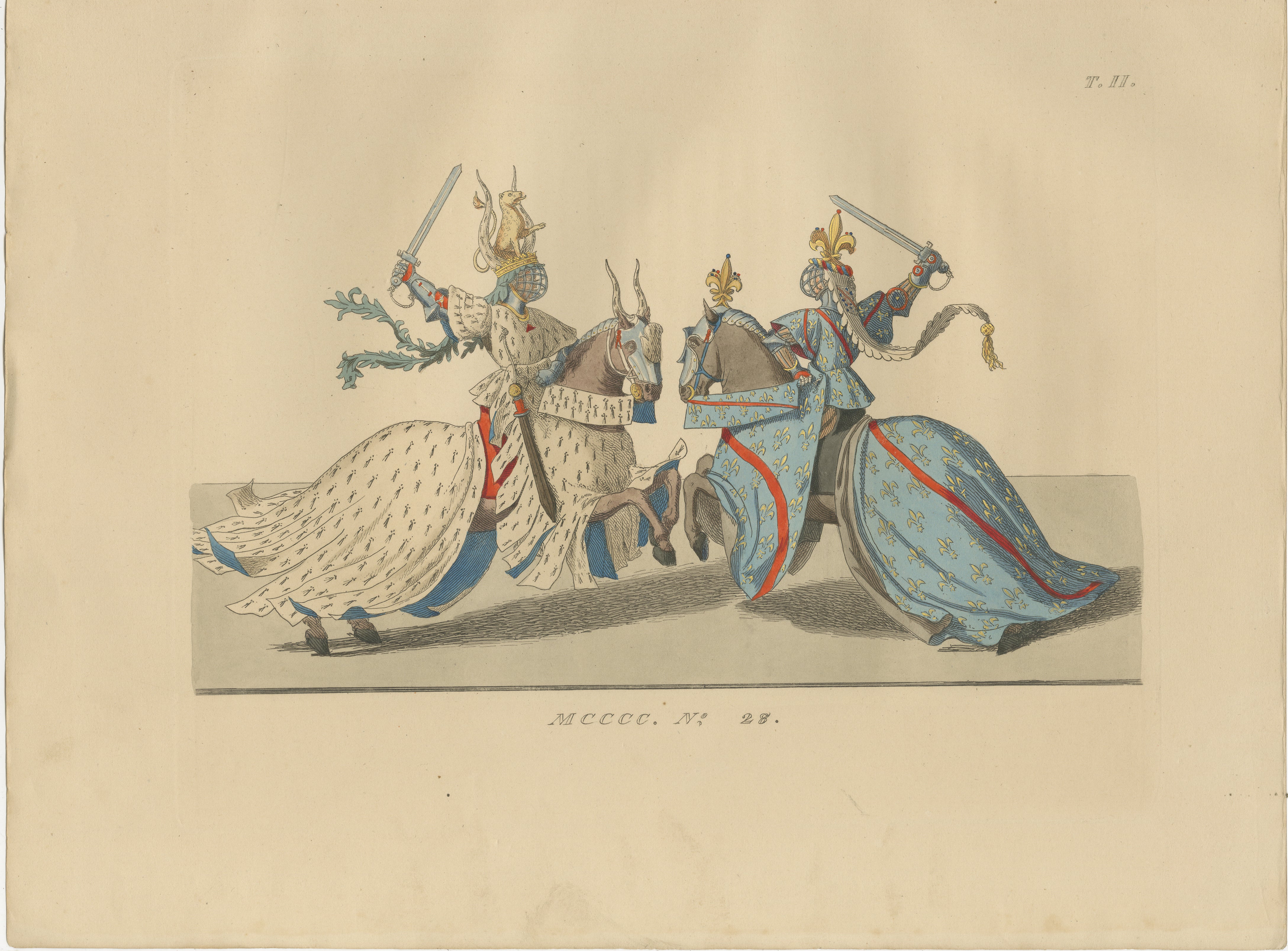 Medieval Knights in Combat, Elegant Hand-Colored Antique Print, France 1845