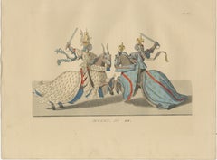 Medieval Knights in Combat, Elegant Hand-Colored Antique Print, France 1845