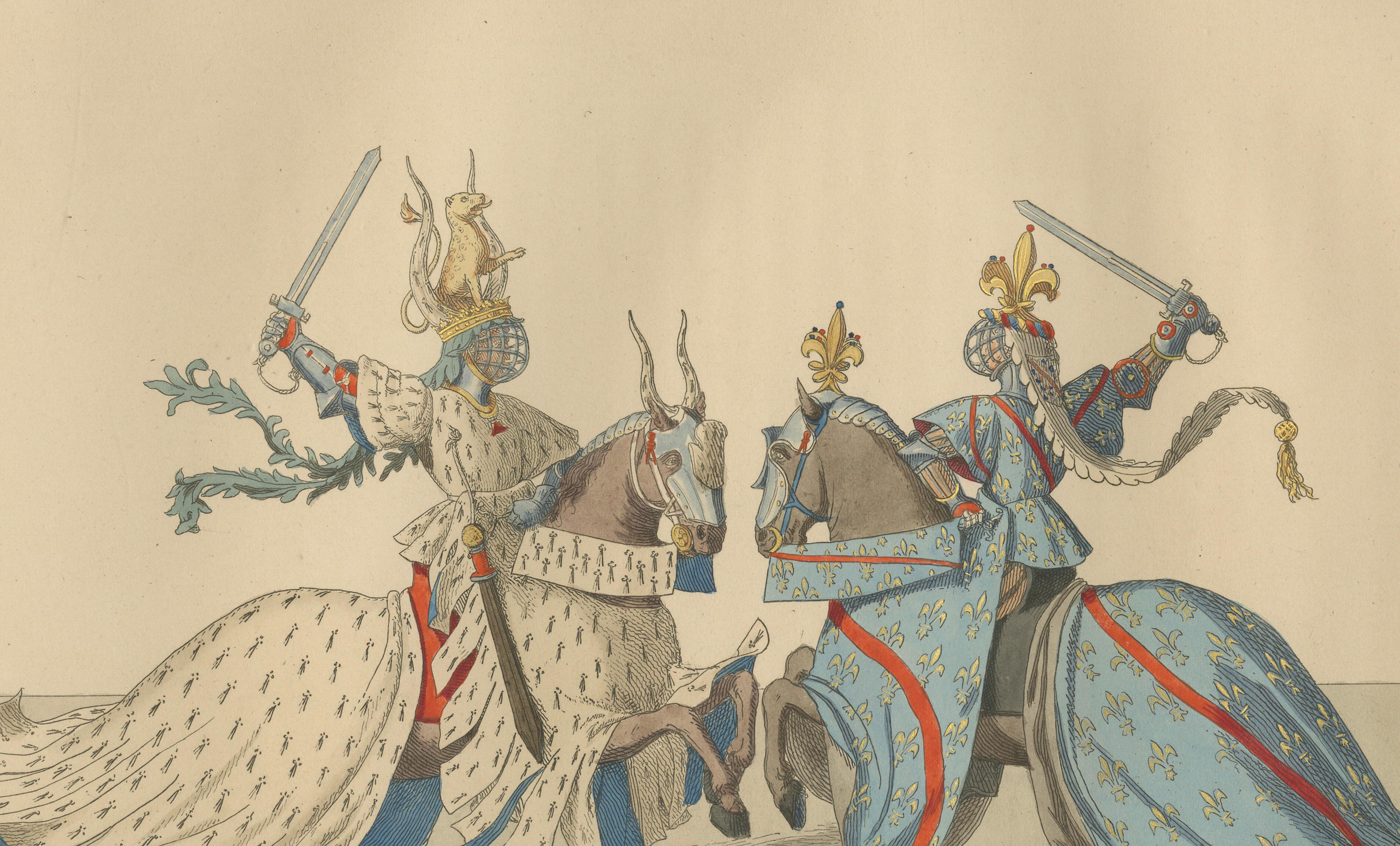 Medieval Knights in Combat, Elegant Hand-Colored Antique Print, France 1845