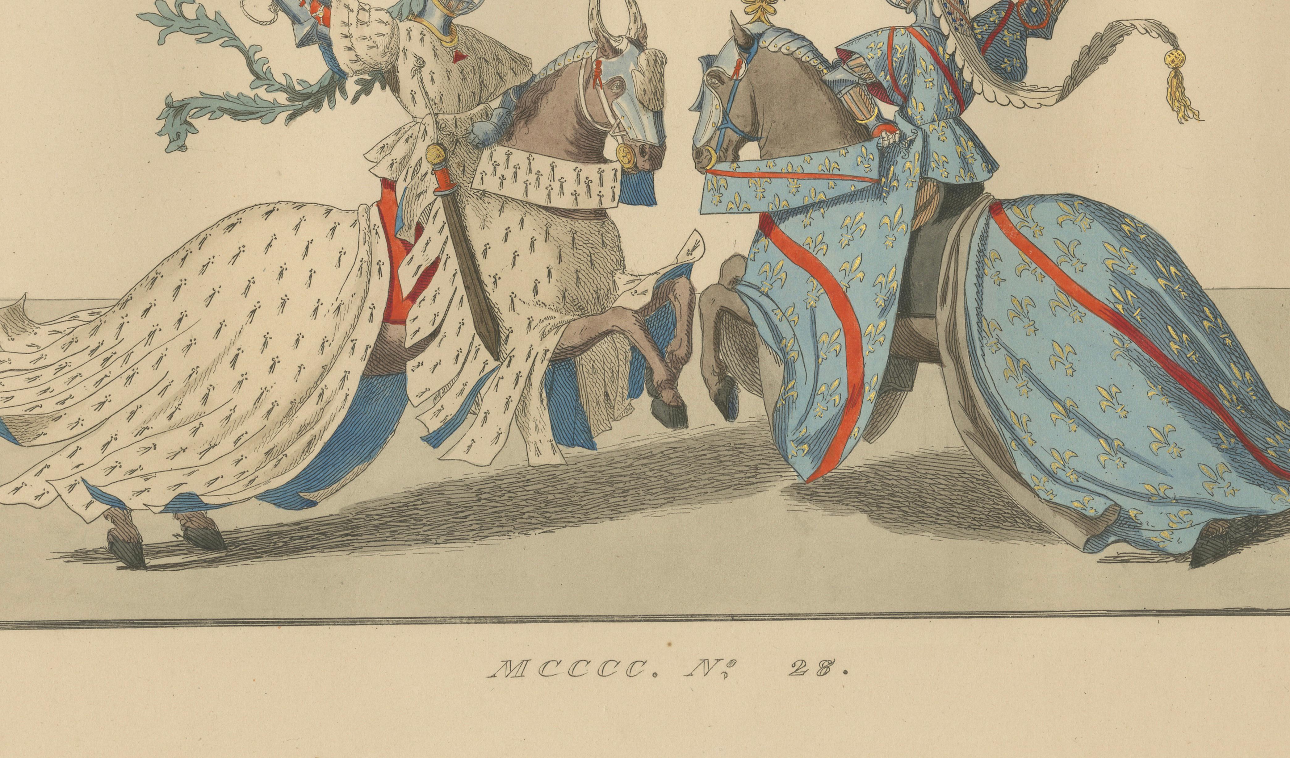 Medieval Knights in Combat, Elegant Hand-Colored Antique Print, France 1845