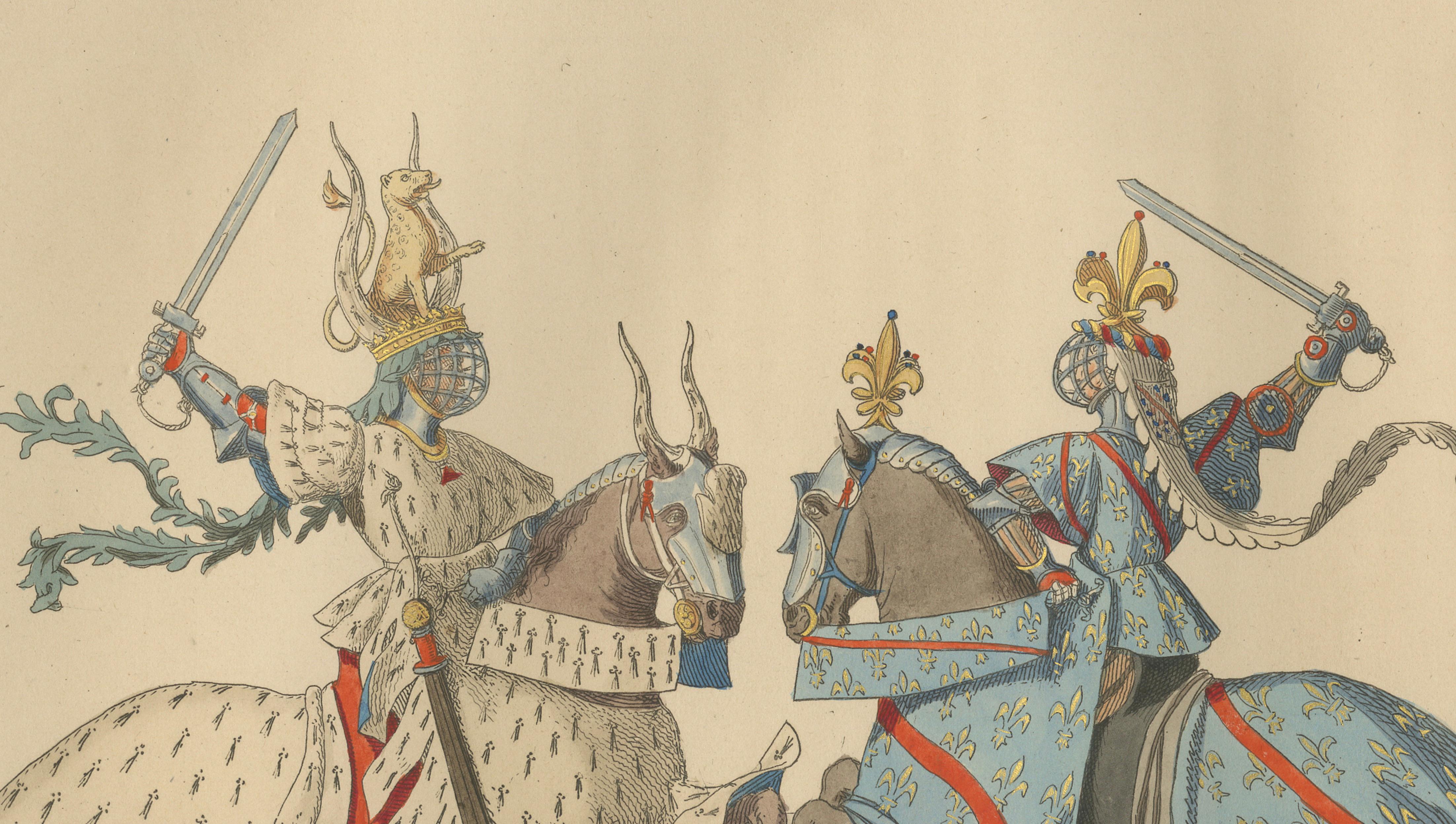 Medieval Knights in Combat, Elegant Hand-Colored Antique Print, France 1845