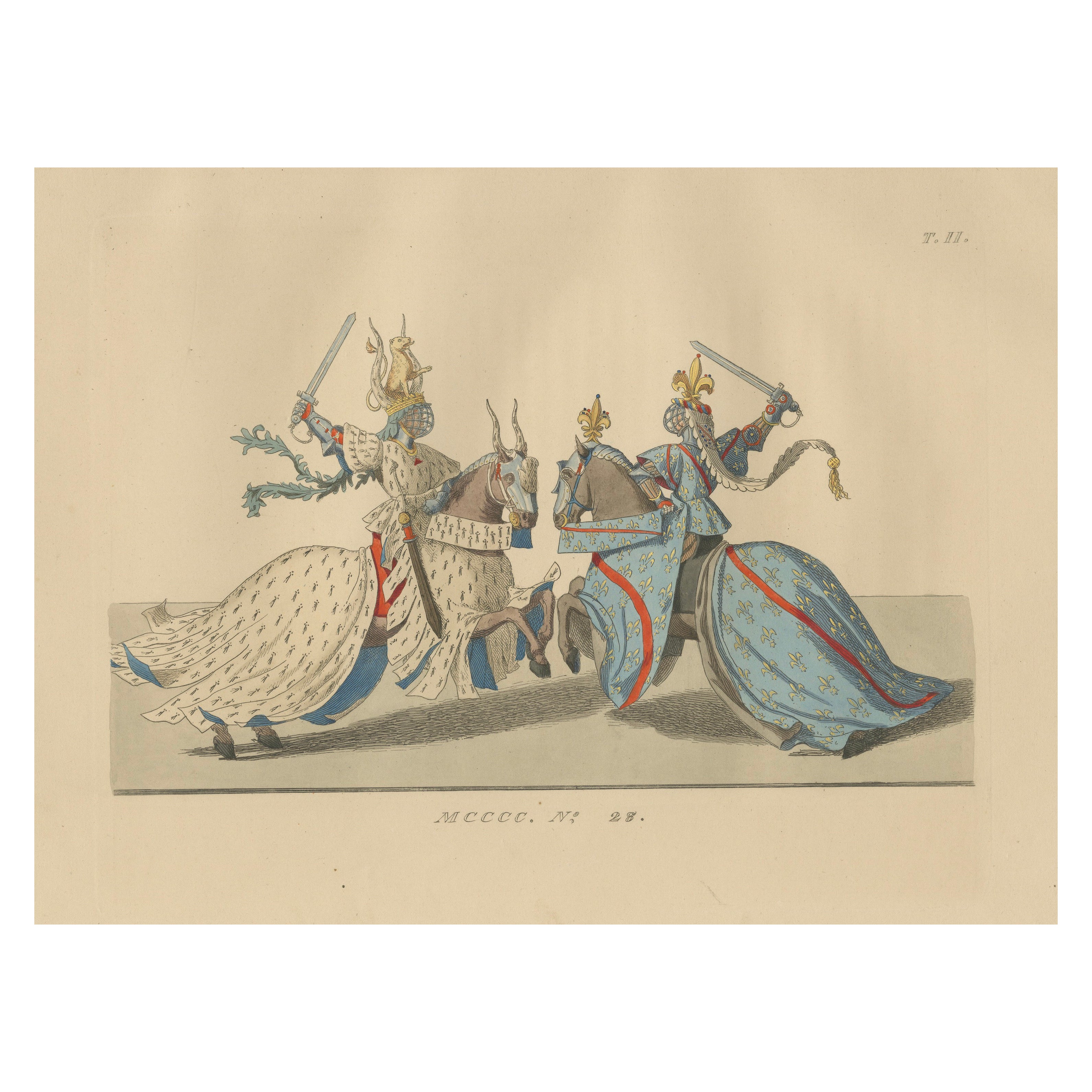 Mittelalterliche Ritter im Kampf, eleganter handkolorierter antiker Druck, Frankreich 1845