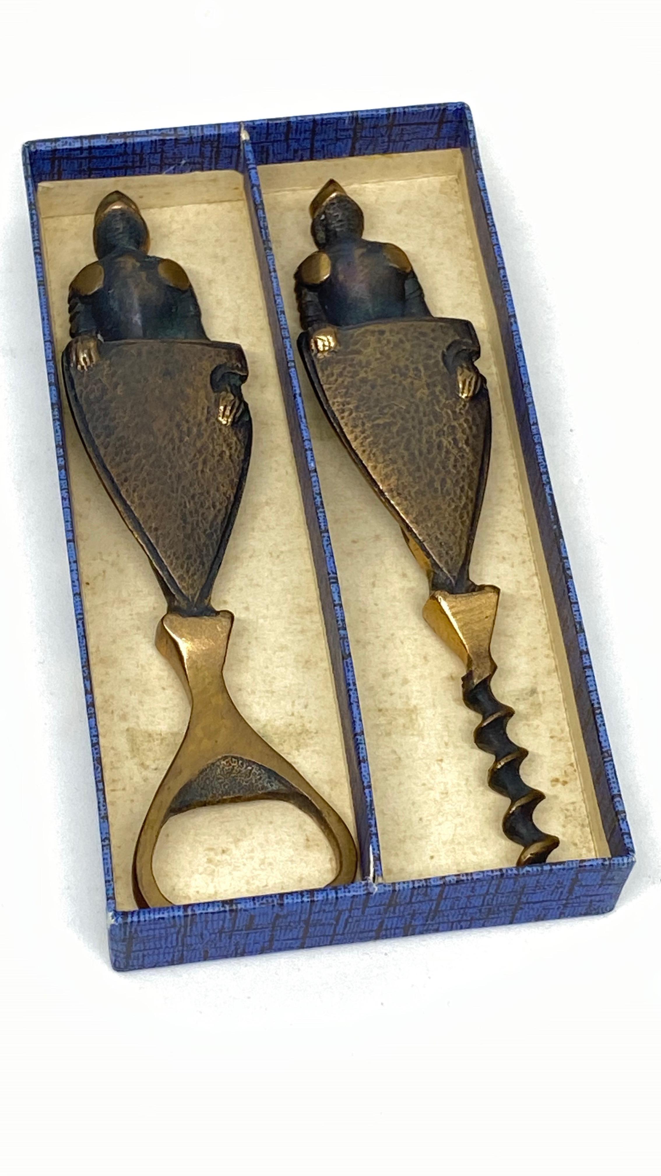 Mid-20th Century Medieval Knigt Corkscrew and Bottle Opener Set, Mid-Century Modern 1950s German For Sale