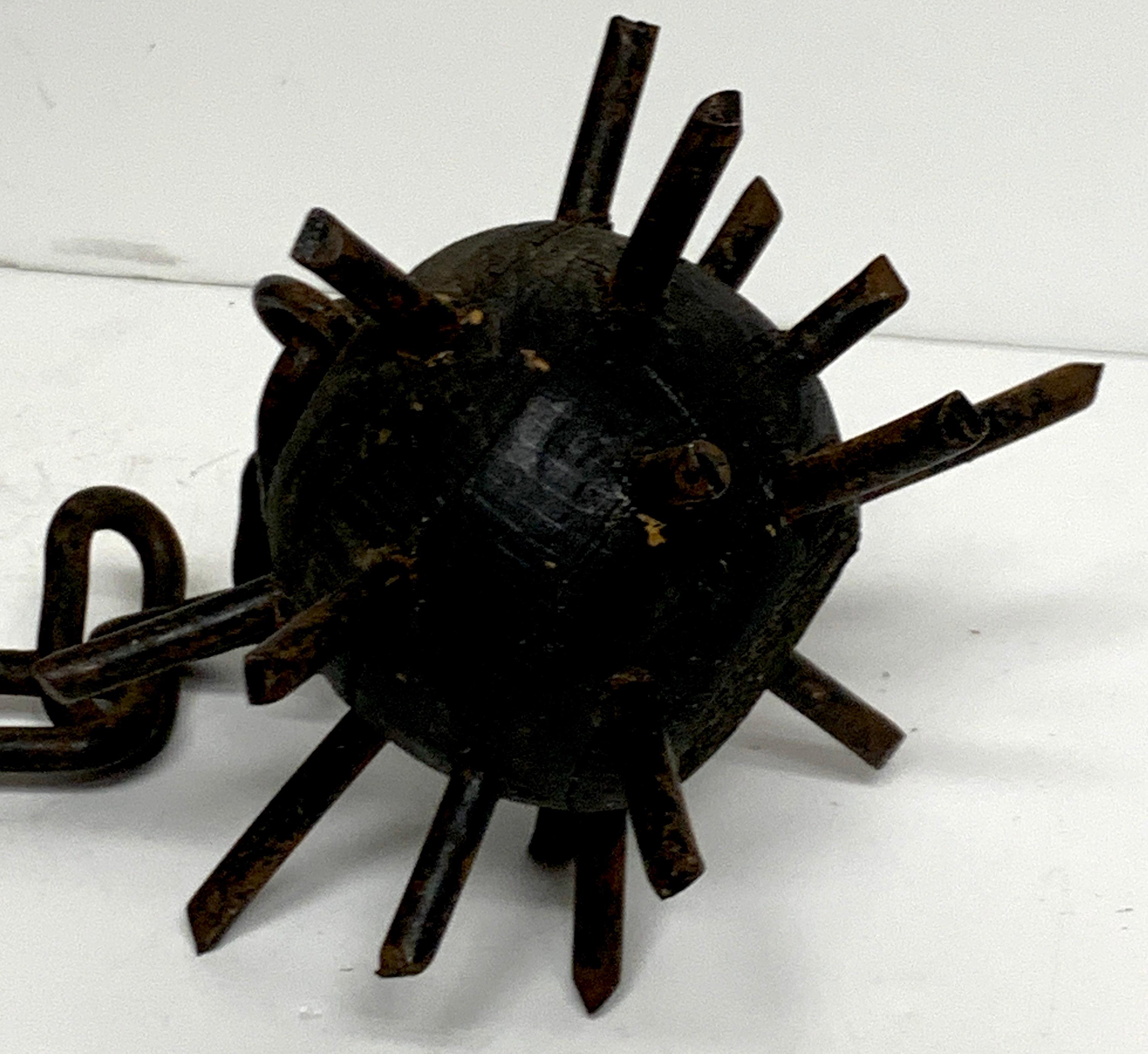 Medieval mace antique theatre prop, well made with turned wood handle, and 4 inch diameter wood and iron ball mace.
Measures: 16