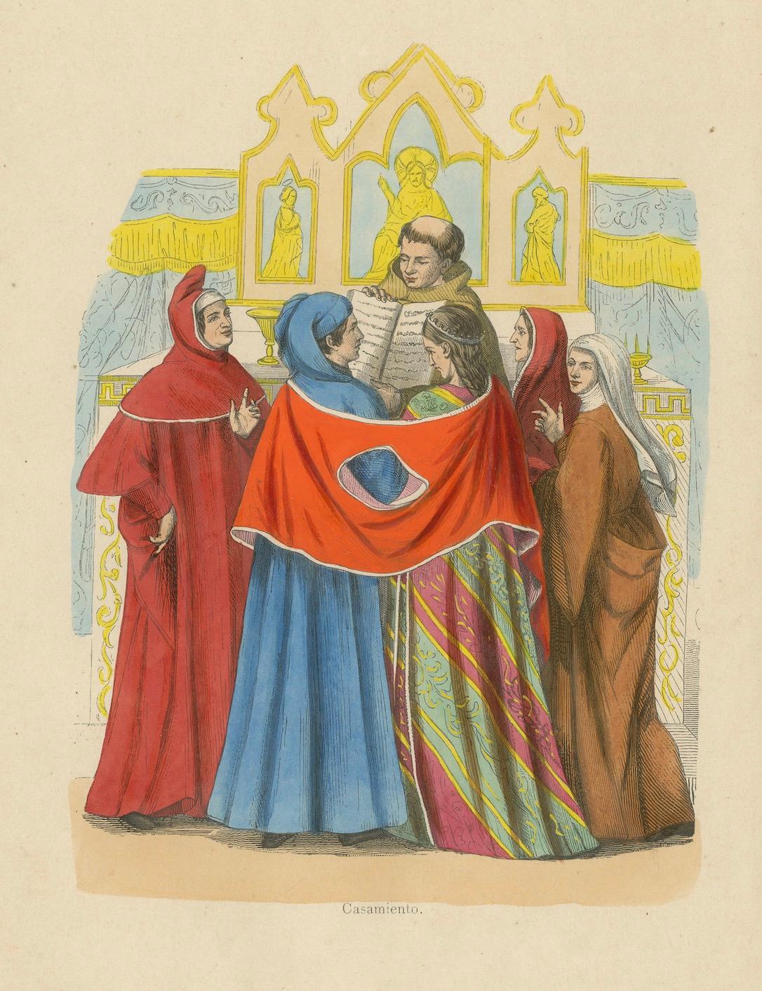 Mid-19th Century Medieval Matrimony: A Union in the Gothic Halls, Hand-Colored in 1847 For Sale