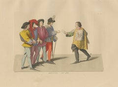 Medieval Messengers & Courtiers, Elegant Hand-Colored Antique Print, France 1845