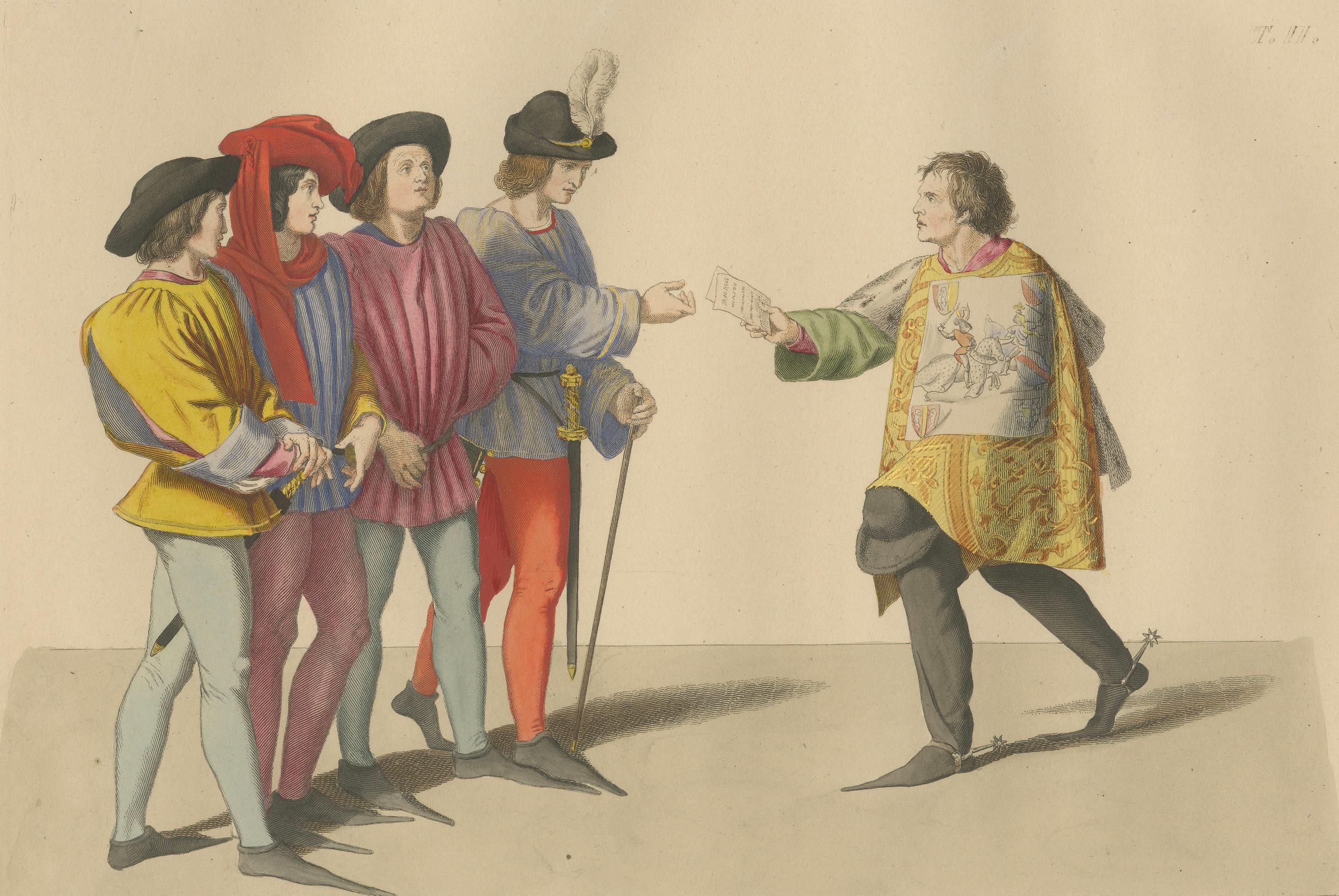 Medieval Messengers & Courtiers, Elegant Hand-Colored Antique Print, France 1845