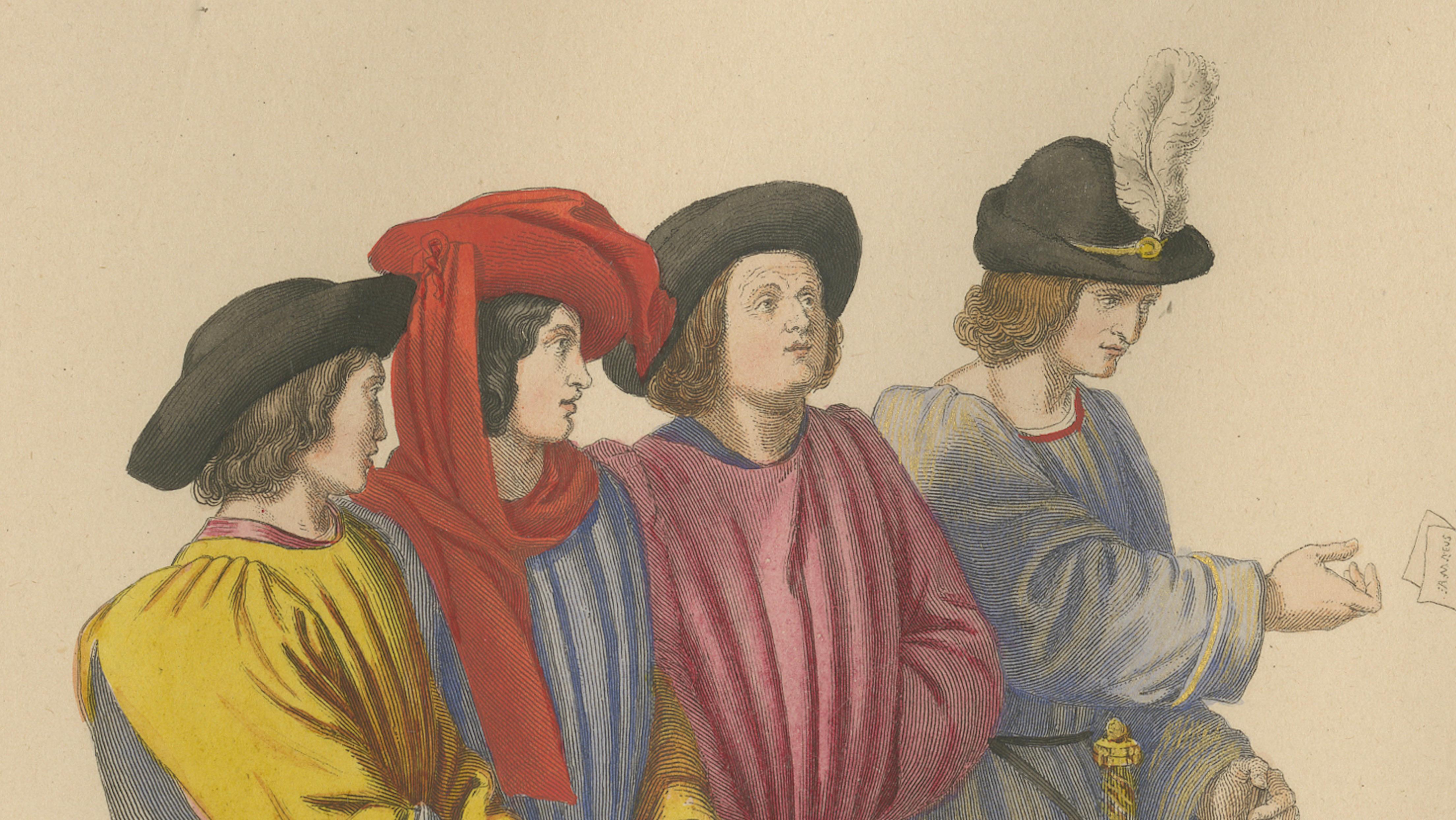 Medieval Messengers & Courtiers, Elegant Hand-Colored Antique Print, France 1845