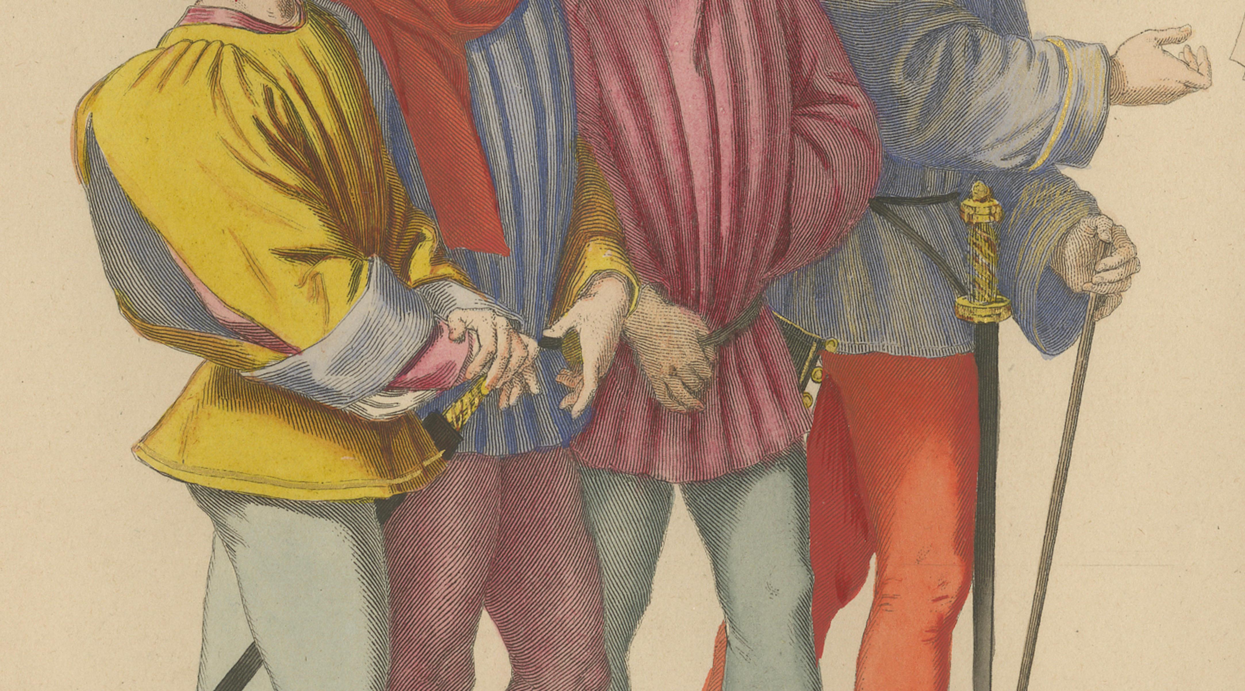 Medieval Messengers & Courtiers, Elegant Hand-Colored Antique Print, France 1845