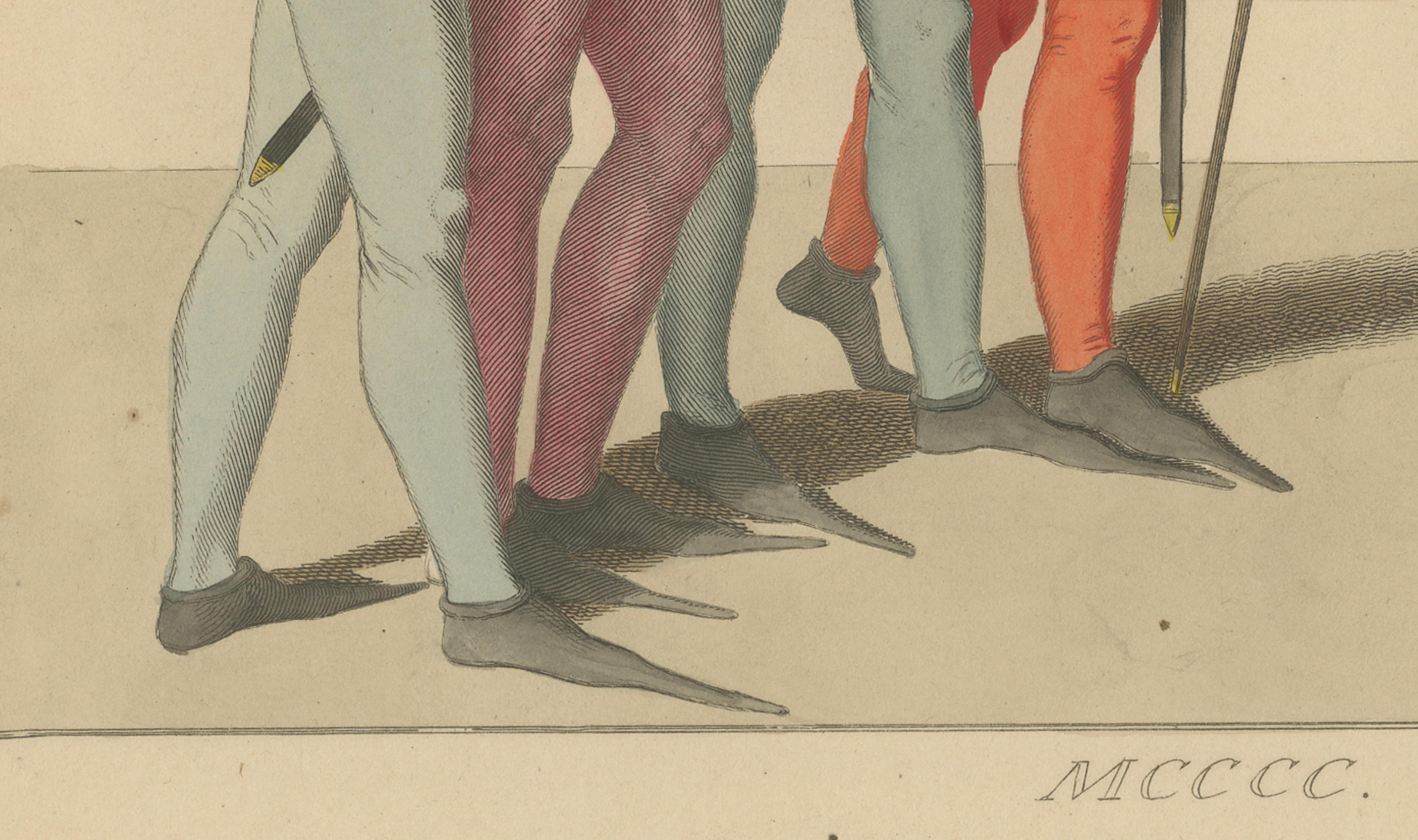Medieval Messengers & Courtiers, Elegant Hand-Colored Antique Print, France 1845