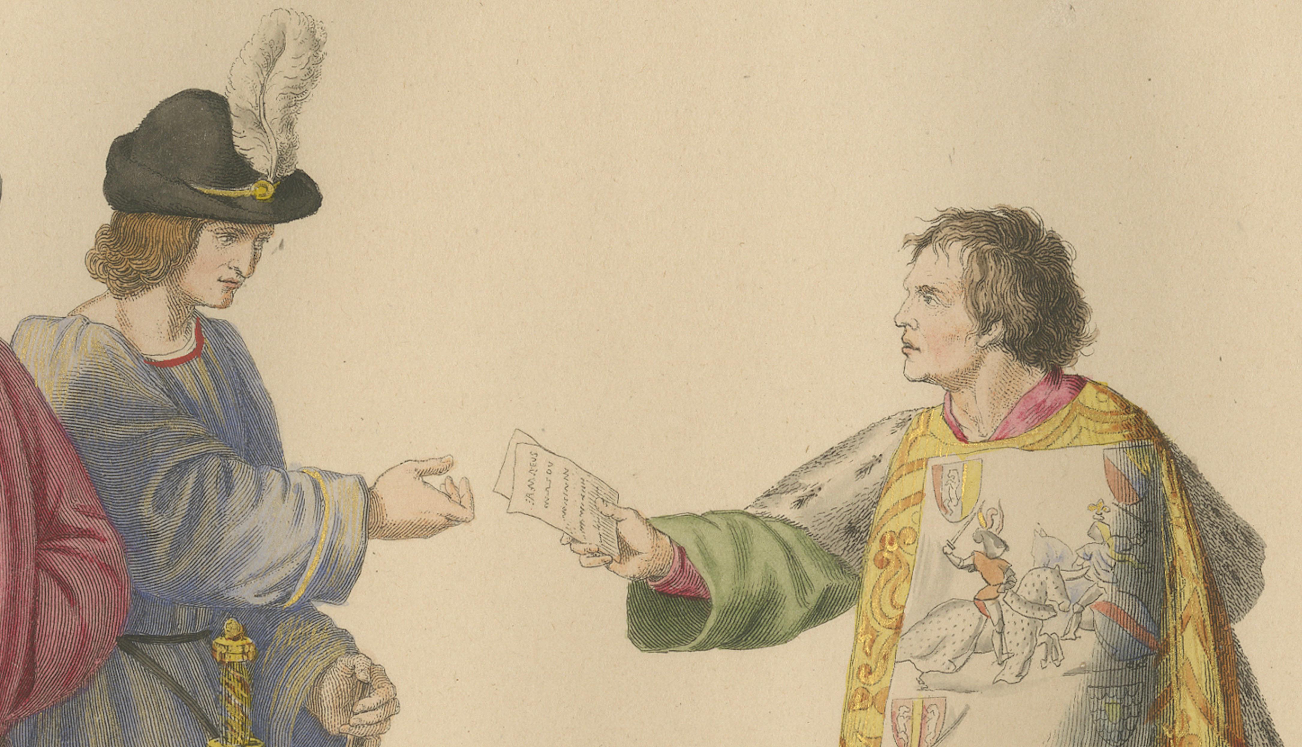 Medieval Messengers & Courtiers, Elegant Hand-Colored Antique Print, France 1845