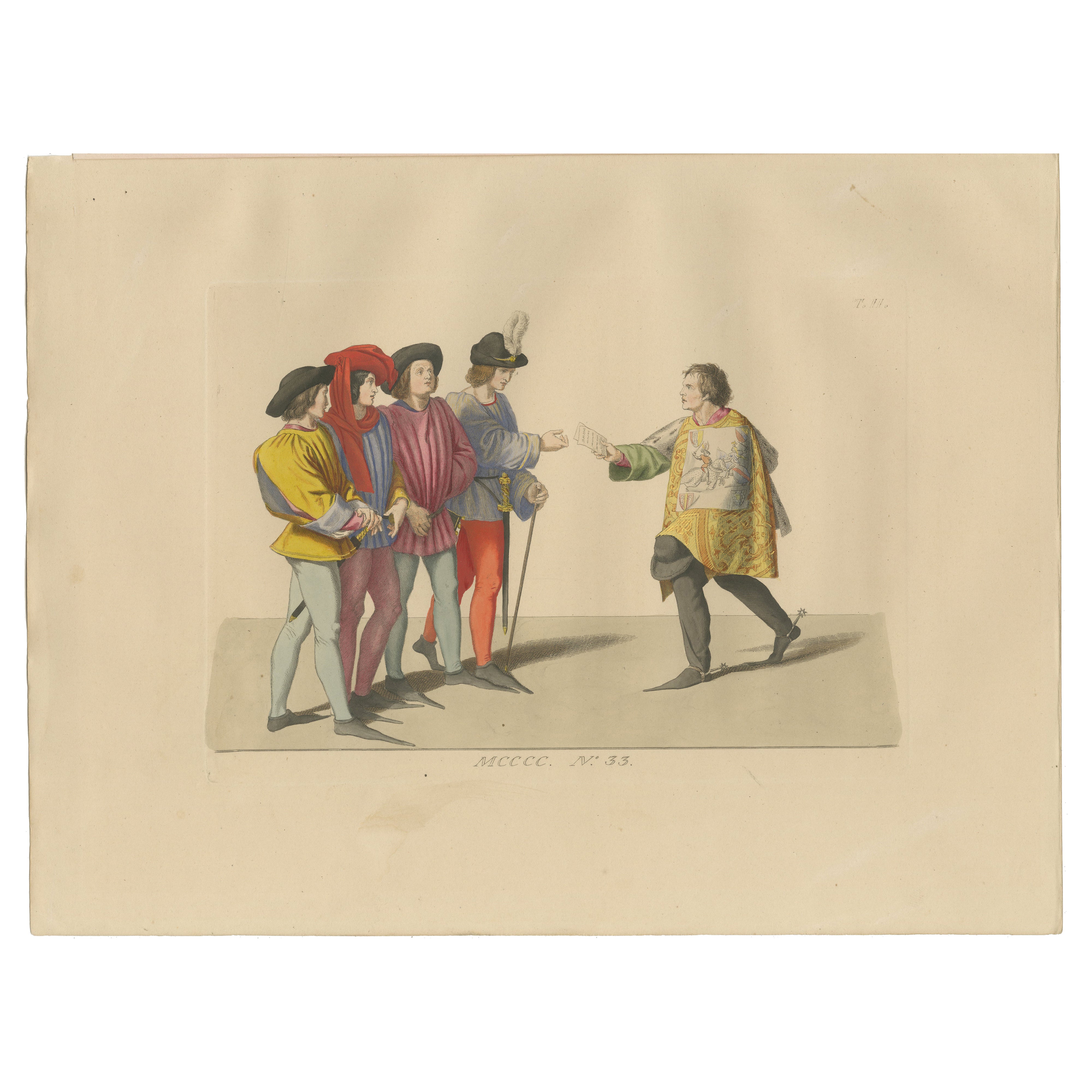 Medieval Messengers 
Courtiers, Elegant Hand-Colored Antique Print, France 1845